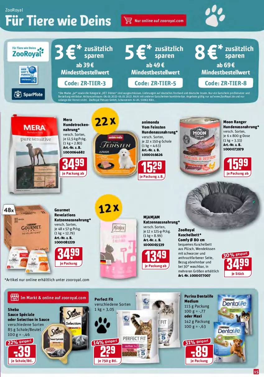 Aktueller Prospekt Rewe - Diese Woche im Angebot! - von 10.01 bis 15.01.2022 - strona 15 - produkty: angebot, angebote, bett, beutel, gutschein, gutscheine, Hundetrockennahrung, kissen, Nassnahrung, Perfect Fit, Plüsch, purina, sauce, Schal, Schale, sheba, Ti, Tiere, Trockennahrung