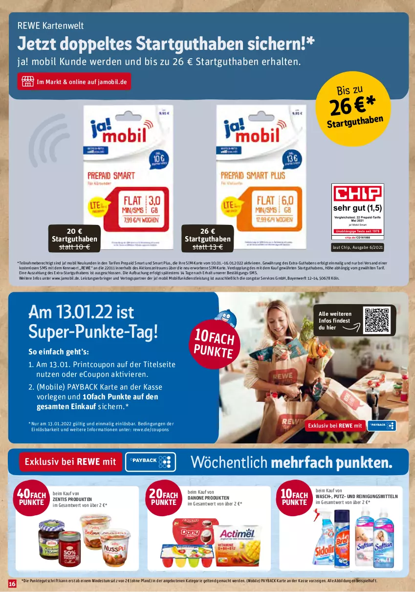 Aktueller Prospekt Rewe - Diese Woche im Angebot! - von 10.01 bis 15.01.2022 - strona 16 - produkty: angebot, angebote, buch, congstar, coupon, coupons, danone, eis, erde, LG, mac, payback, Putz- und Reinigungsmittel, Reinigung, Reinigungsmittel, ring, sim, Ti, zentis