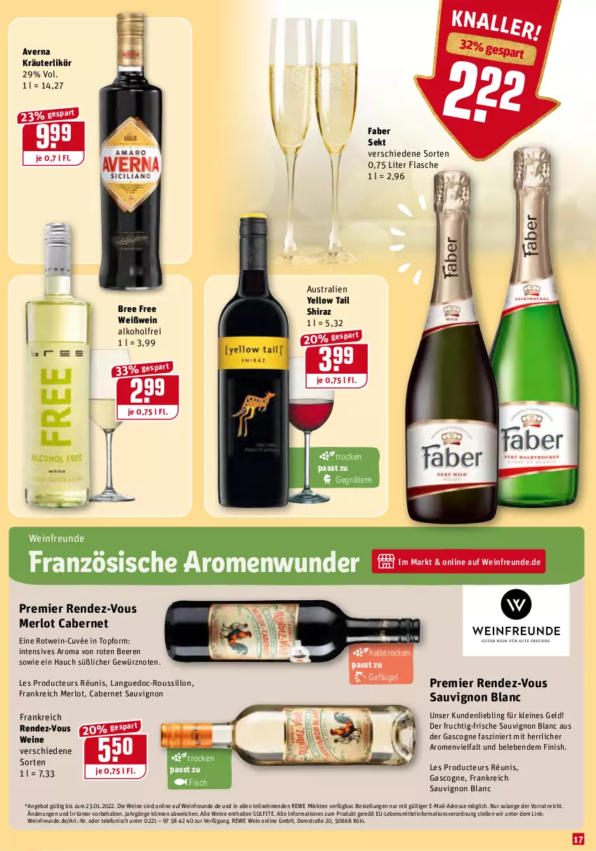 Aktueller Prospekt Rewe - Diese Woche im Angebot! - von 10.01 bis 15.01.2022 - strona 17 - produkty: alkohol, angebot, aust, averna, beere, beeren, bree, cabernet, cabernet sauvignon, cuvée, elle, Finish, fisch, flasche, frucht, Geflügel, gewürz, grill, kräuter, kräuterlikör, lebensmittel, leine, likör, merl, merlot, rotwein, sauvignon, sauvignon blanc, sekt, telefon, Ti, topf, wein, weine, Weißwein, yellow tail