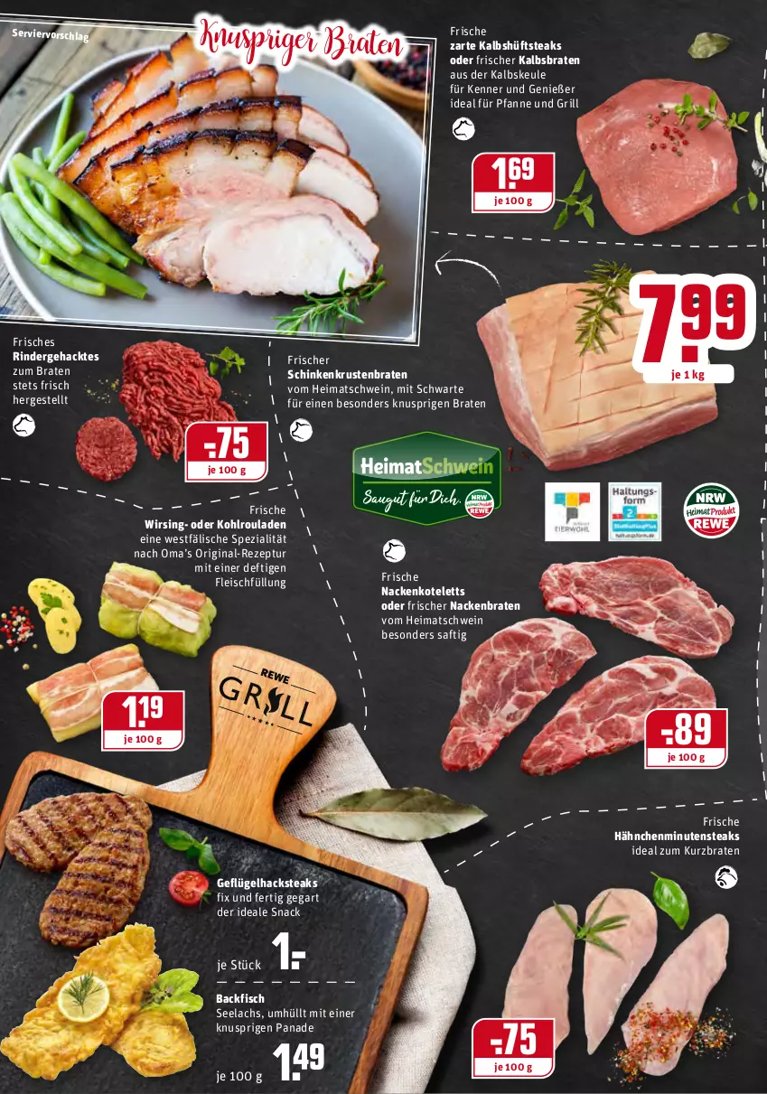 Aktueller Prospekt Rewe - Diese Woche im Angebot! - von 10.01 bis 15.01.2022 - strona 4 - produkty: backfisch, braten, eis, fisch, fleisch, Frische Hähnchen, Geflügel, gin, grill, hüftsteak, hüftsteaks, Kohlrouladen, kotelett, krustenbraten, lachs, minutensteaks, nackenkoteletts, pfanne, rezept, rind, rinder, rouladen, saft, schinken, schwein, snack, Spezi, steak, steaks, Ti, wein, Wirsing