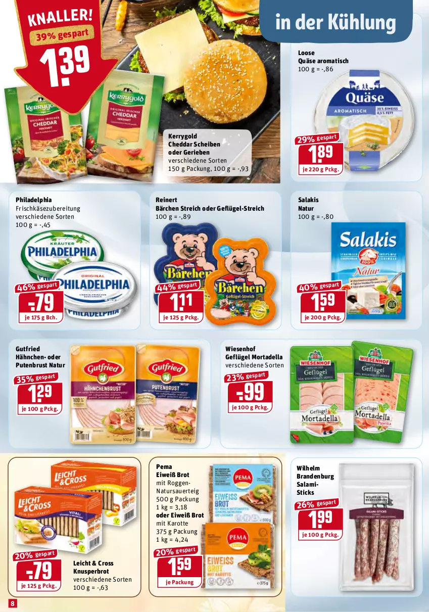 Aktueller Prospekt Rewe - Diese Woche im Angebot! - von 10.01 bis 15.01.2022 - strona 8 - produkty: auer, brot, cheddar, dell, frischkäse, frischkäsezubereitung, Geflügel, gutfried, Käse, kerrygold, Loose, mortadella, natur, philadelphia, pute, putenbrust, quäse, reinert, salakis, salami, Ti, tisch, wiesenhof