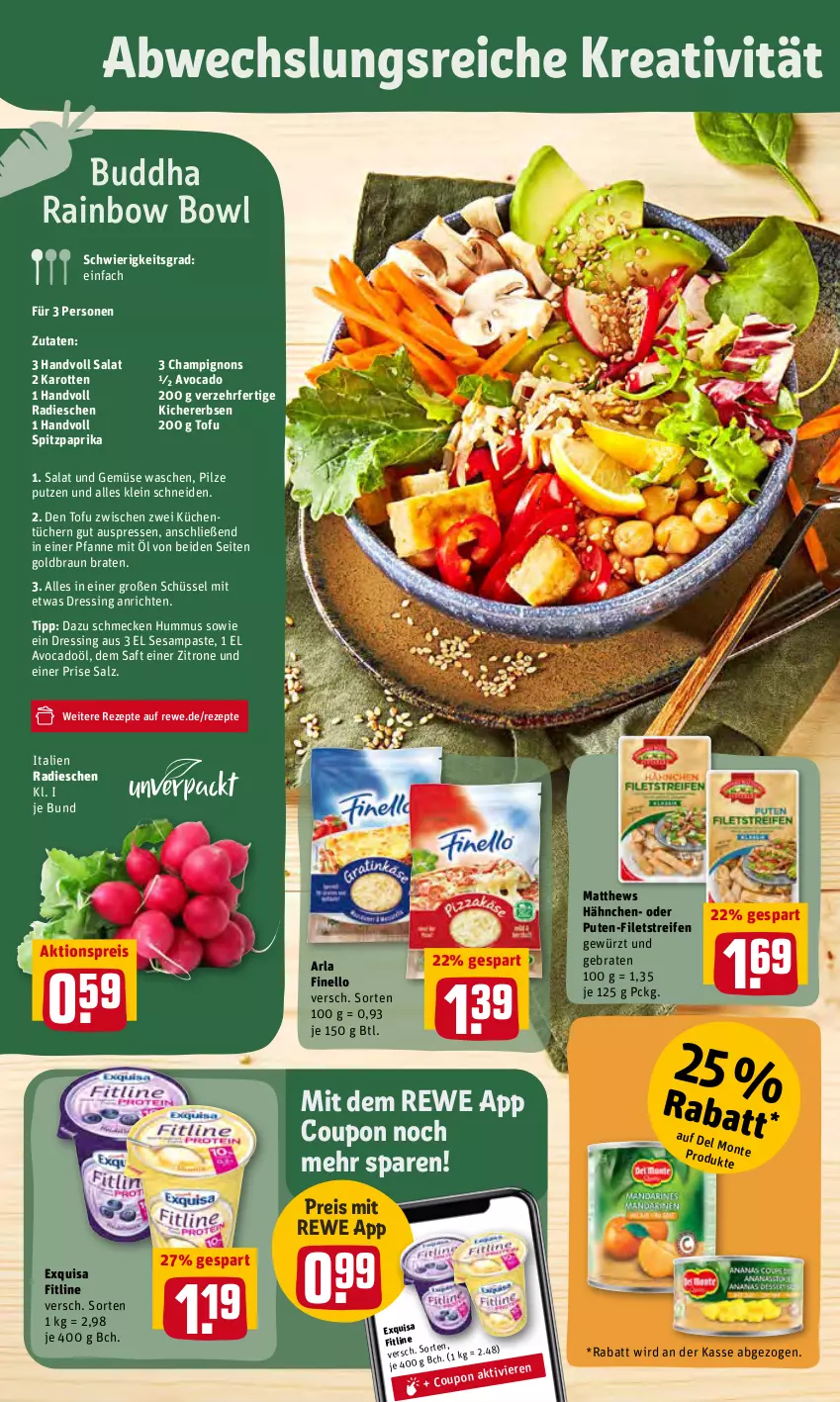 Aktueller Prospekt Rewe - Diese Woche im Angebot! - von 28.02 bis 05.03.2022 - strona 12 - produkty: aktionspreis, Anrichte, arla, avocado, braten, braun, Buddha, champignon, champignons, coupon, dressing, eis, erbsen, exquisa, filet, filets, finello, fitline, gewürz, hummus, karotten, kichererbsen, küche, Küchen, küchentücher, paprika, pfanne, pilze, pute, radieschen, reifen, reis, rezept, rezepte, saft, salat, salz, schüssel, sesam, Spitzpaprika, Ti, Tofu, tücher, und gemüse, zitrone