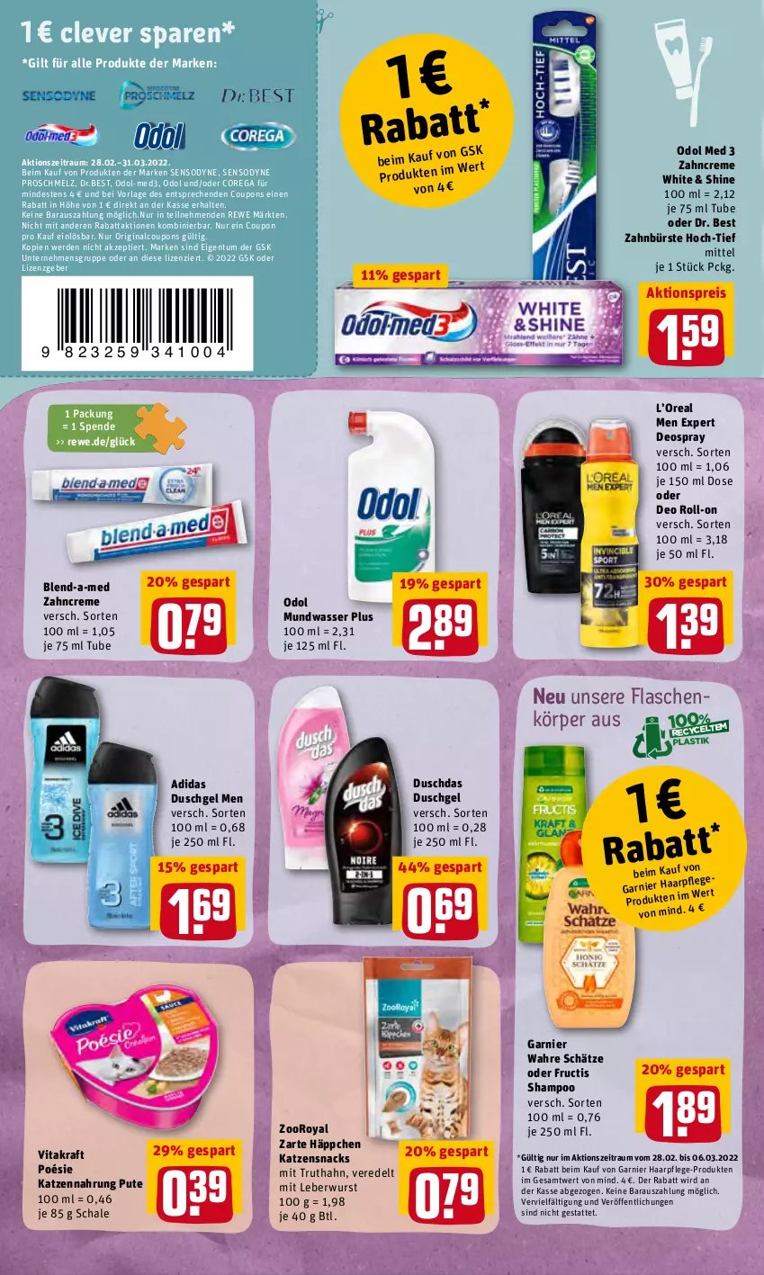 Aktueller Prospekt Rewe - Diese Woche im Angebot! - von 28.02 bis 05.03.2022 - strona 16 - produkty: Adidas, aktionspreis, blend-a-med, bürste, coupon, coupons, creme, deo, deo roll-on, deospray, Dr. Best, duschdas, duschgel, eis, erde, flasche, fructis, garnier, gin, haarpflege, katzennahrung, katzensnack, katzensnacks, kraft, leberwurst, mundwasser, oder deo roll-on, Odol, odol med, pute, reis, roll-on, Schal, Schale, sensodyne, shampoo, snack, snacks, Ti, truthahn, vita, vitakraft, Wahre Schätze, wasser, wurst, zahnbürste, zahncreme