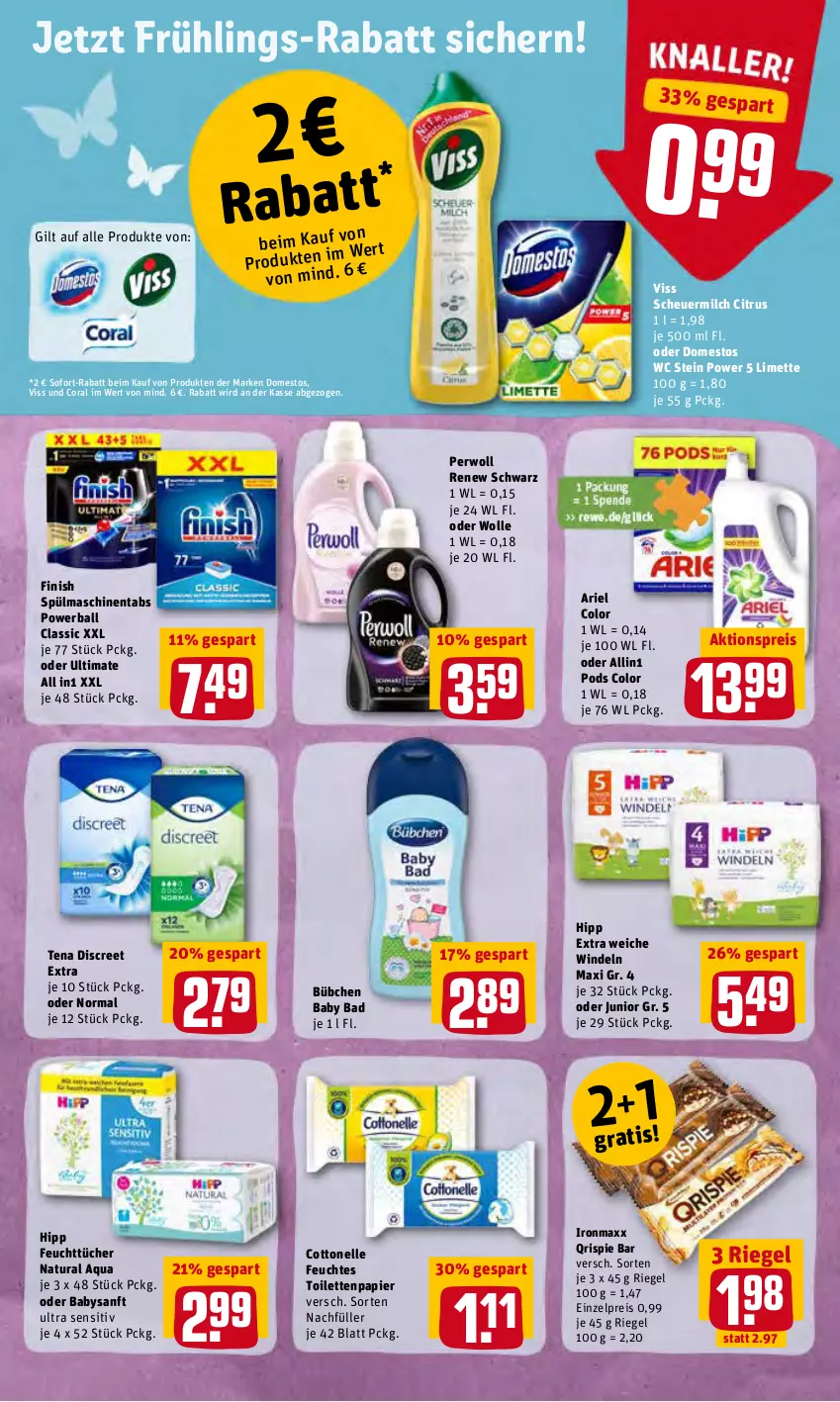 Aktueller Prospekt Rewe - Diese Woche im Angebot! - von 28.02 bis 05.03.2022 - strona 17 - produkty: aktionspreis, aqua, ariel, Bad, ball, bübchen, citrus, Coral, cottonelle, Discreet, domestos, eis, elle, feuchtes toilettenpapier, feuchttücher, Finish, Heu, hipp, limette, Mett, milch, natur, natura, papier, perwoll, Pods, powerball, reis, riegel, scheuermilch, sofort-rabatt, spülmaschinen, spülmaschinentabs, Ti, toilettenpapier, tücher, windeln, wolle