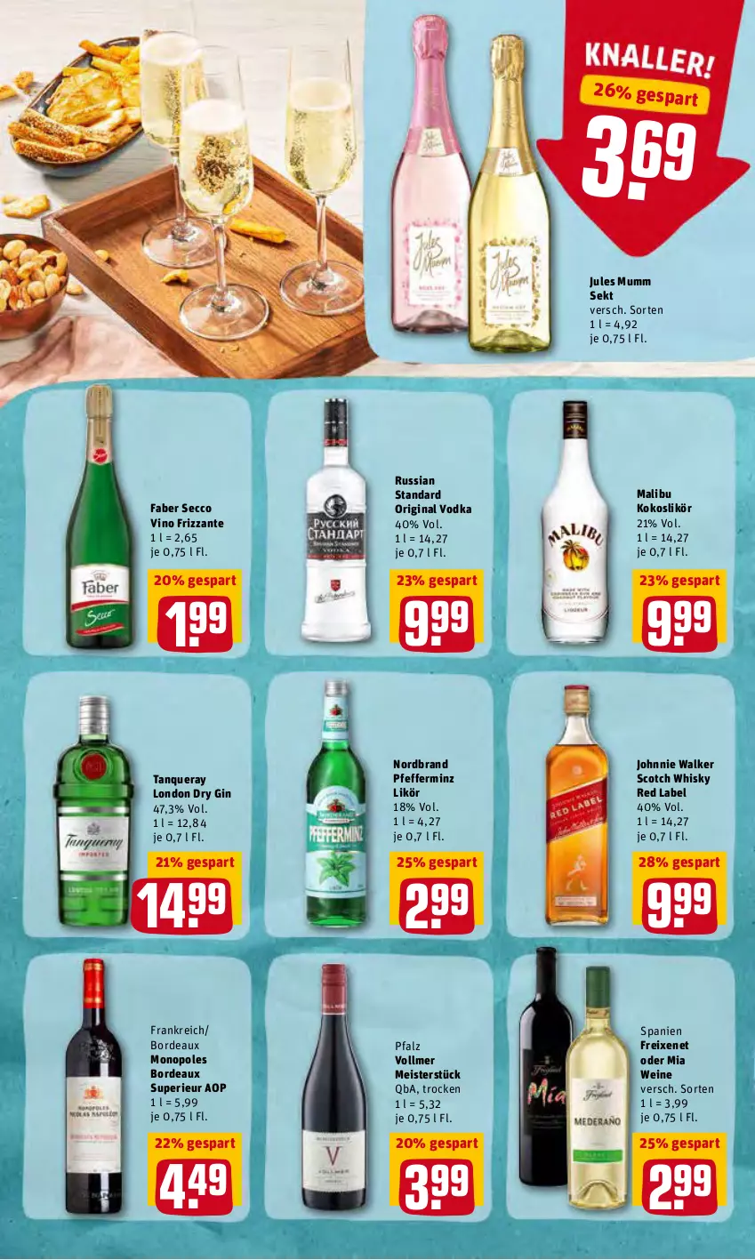 Aktueller Prospekt Rewe - Diese Woche im Angebot! - von 28.02 bis 05.03.2022 - strona 20 - produkty: dry gin, ecco, eis, freixenet, frizzante, gin, johnnie walker, jules mumm, kokos, likör, london dry, london dry gin, Malibu, Meister, mumm, nordbrand, pfeffer, russian standard, scotch, scotch whisky, sekt, Tanqueray, vodka, wein, weine, whisky