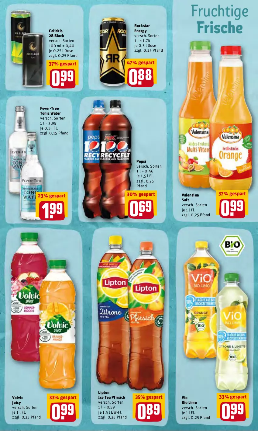 Aktueller Prospekt Rewe - Diese Woche im Angebot! - von 28.02 bis 05.03.2022 - strona 21 - produkty: bio, bio limo, fever-tree, frucht, ice tea, lack, limo, lipton, lipton ice tea, pepsi, pfirsich, Rockstar, saft, Ti, tonic, tonic water, valensina, vio bio limo, volvic