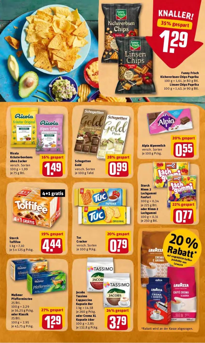 Aktueller Prospekt Rewe - Diese Woche im Angebot! - von 28.02 bis 05.03.2022 - strona 23 - produkty: alpenmilch, alpia, bonbons, Cap, cappuccino, chips, cin, cola, cracker, erbsen, Funny Frisch, jacobs, jacobs tassimo, kichererbsen, Kichererbsen Chips, kräuter, lachgummi, linsen, Meßmer, milch, Nimm 2, paprika, pfeffer, Ricola, schogetten, sim, storck, tassimo, tee, Ti, toffifee, tuc, ZTE, zucker