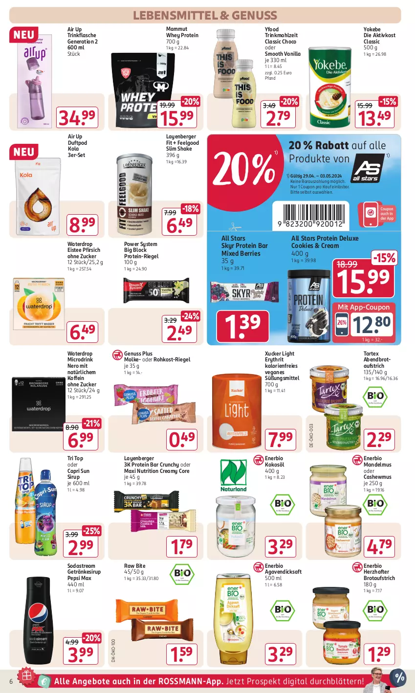 Aktueller Prospekt Rossmann - Prospekte - von 29.04 bis 03.05.2024 - strona 12 - produkty: agaven, angebot, angebote, aufstrich, Berger, bio, brot, brotaufstrich, Cap, Cashew, cookie, cookies, coupon, dicksaft, drink, eis, eistee, flasche, getränk, getränke, getränkesirup, kokos, kokosöl, lebensmittel, LG, mam, mandel, Mandelmus, nero, nuss, pepsi, pfirsich, riegel, saft, shake, sirup, Skyr, Soda, sodastream, tee, Ti, trinkflasche, Yo, Yokebe, zucker