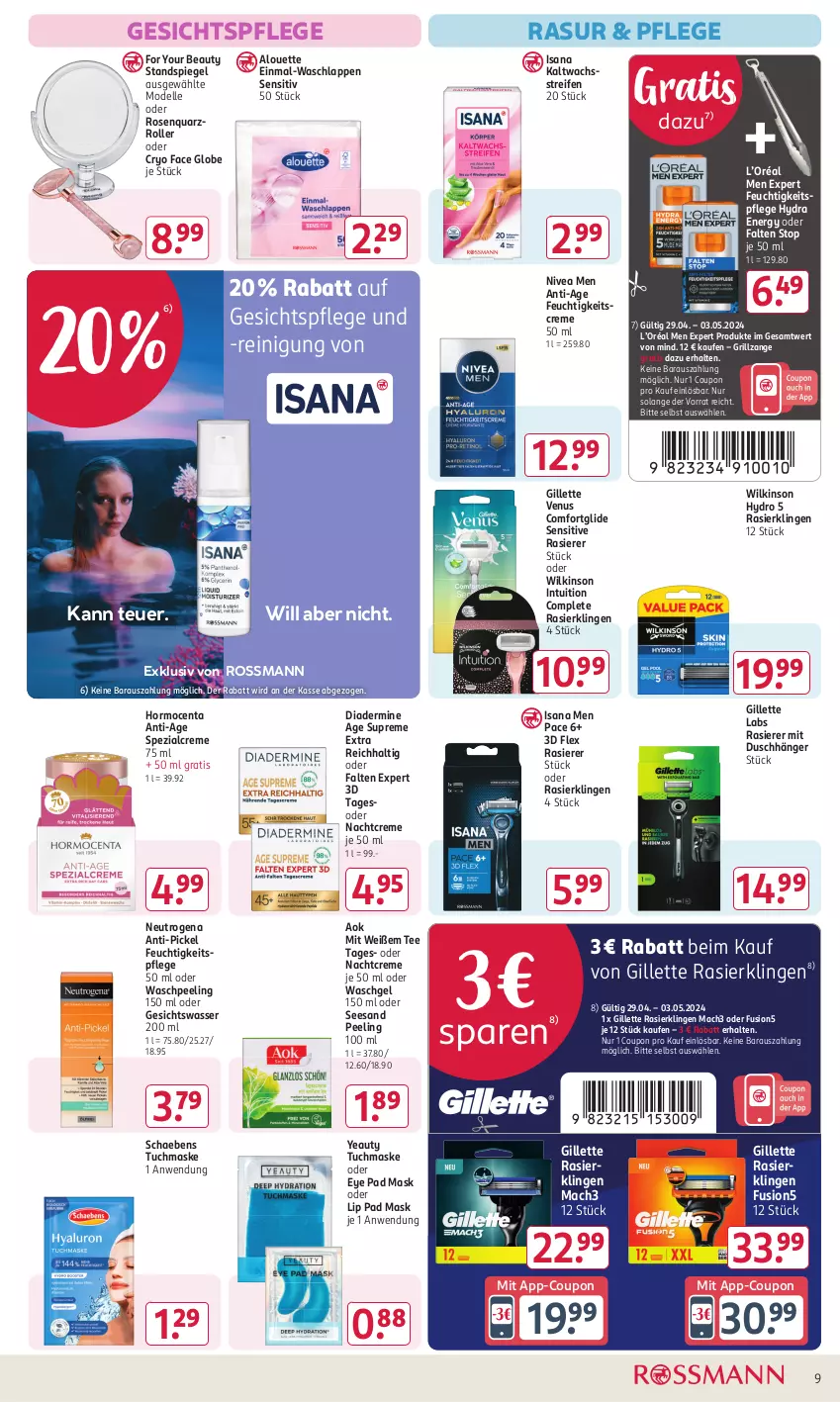 Aktueller Prospekt Rossmann - Prospekte - von 29.04 bis 03.05.2024 - strona 15 - produkty: alouette, coupon, creme, dell, Diadermine, elle, feuchtigkeitscreme, feuchtigkeitspflege, For Your Beauty, fusion5, gesichtspflege, Gesichtswasser, gillette, gillette venus, grill, grillzange, HP, isana, kaltwachsstreifen, mac, mach3, Maske, Mode, nachtcreme, neutrogena, nivea, Nivea Men, Peeling, rasierer, Rasierklinge, rasierklingen, reifen, Reinigung, Roller, rosen, sana, Schaebens, Spezi, spiegel, Standspiegel, tee, Ti, tuc, tuchmaske, venus, waschgel, waschlappen, wasser, wilkinson, Yo