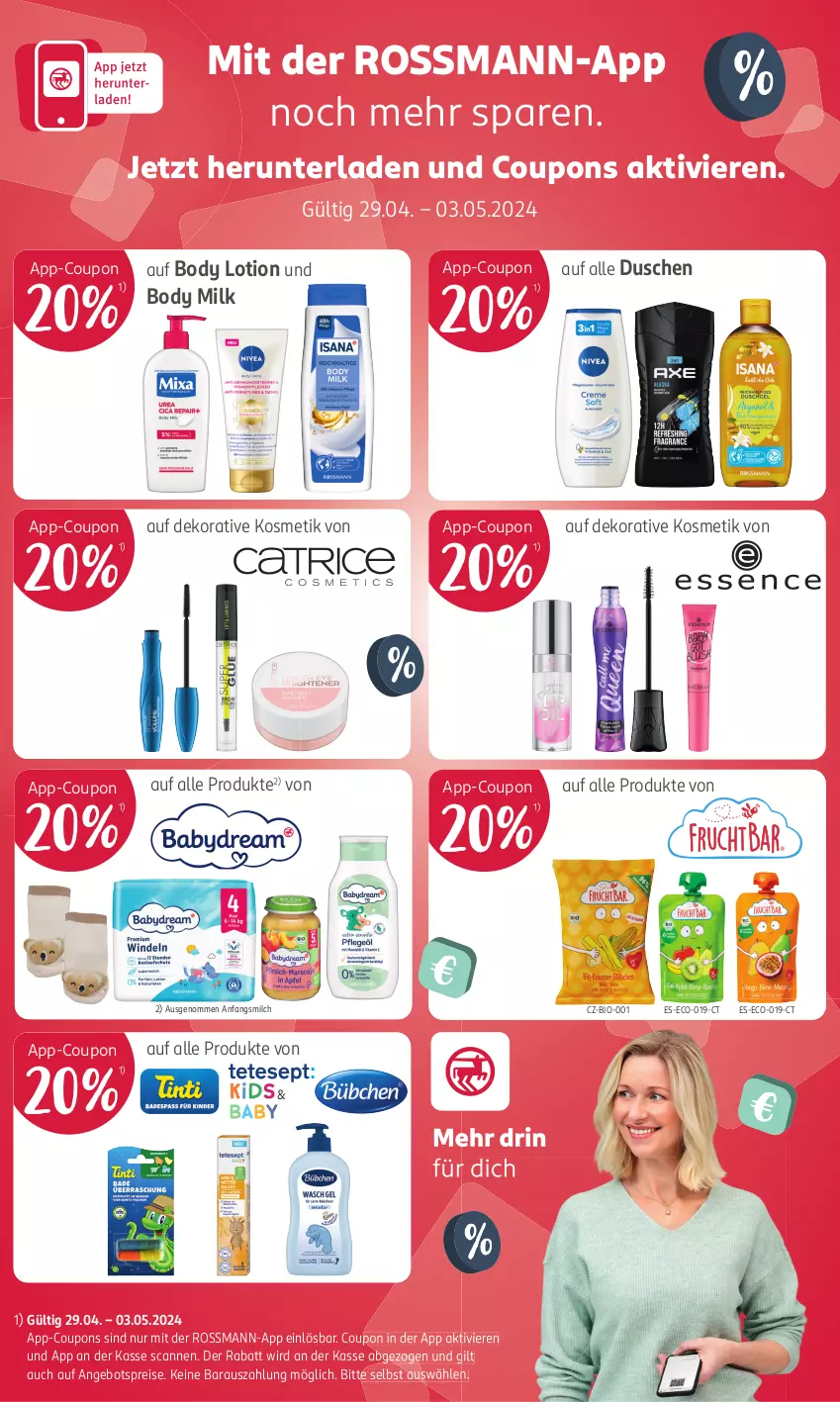 Aktueller Prospekt Rossmann - Prospekte - von 29.04 bis 03.05.2024 - strona 22 - produkty: angebot, angebotspreis, bio, body, body lotion, body milk, coupon, coupons, dusche, eis, kosmetik, Lotion, milch, reis, Ti