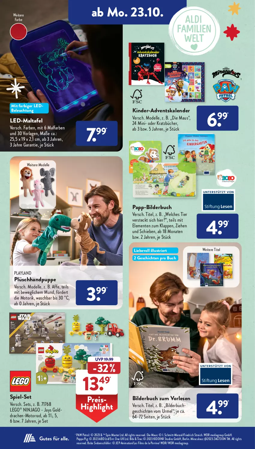 Aktueller Prospekt AldiSud - NÄCHSTE WOCHE - von 23.10 bis 28.10.2023 - strona 14 - produkty: Adventskalender, beleuchtung, buch, dell, eis, elle, ente, Kinder, LEGO®, Maus, Mode, ninjago, Paw Patrol, Peppa Pig, Plüsch, Puppe, reis, Ti