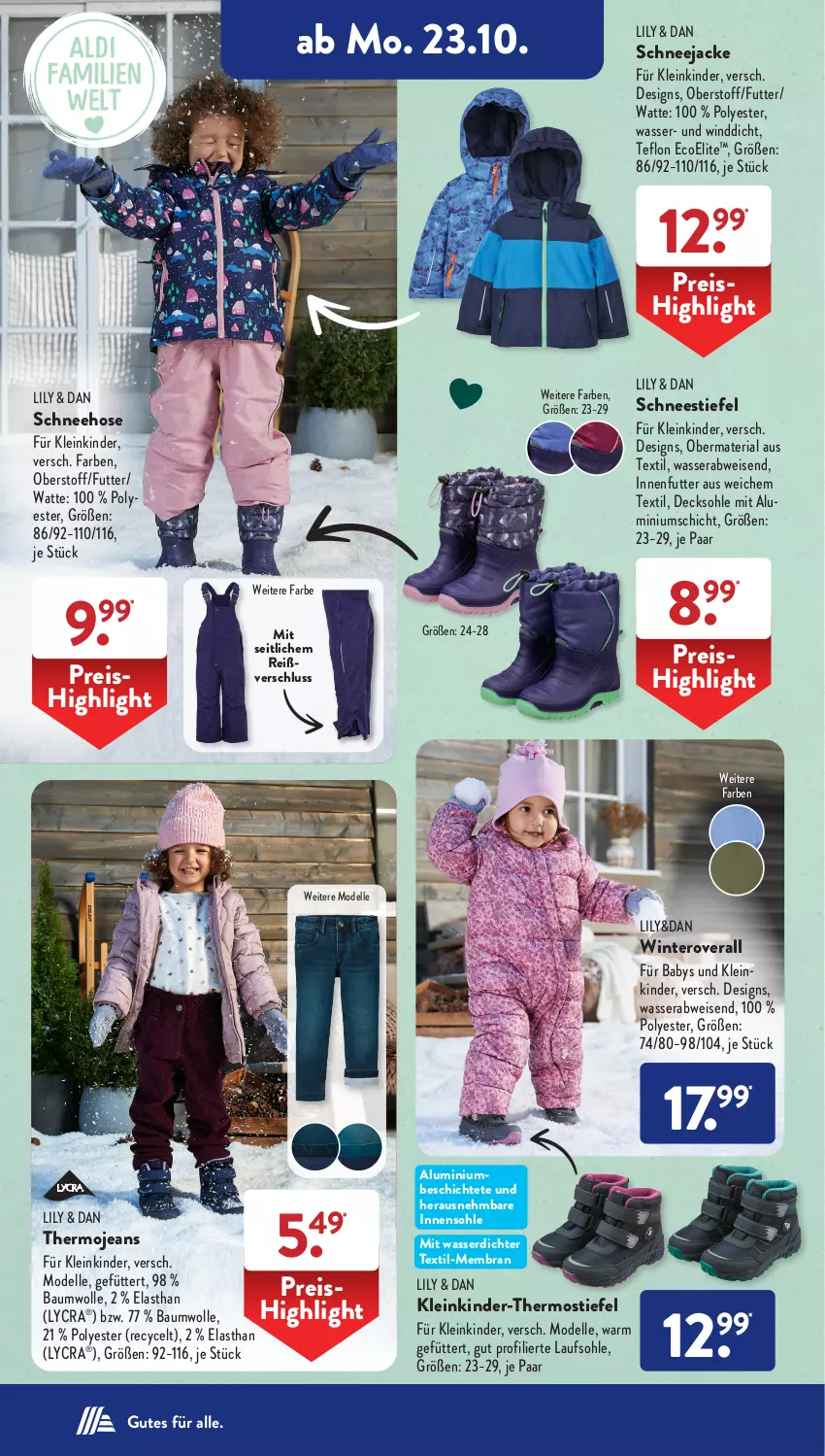 Aktueller Prospekt AldiSud - NÄCHSTE WOCHE - von 23.10 bis 28.10.2023 - strona 16 - produkty: Bau, baumwolle, decksohle, dell, eis, elle, hose, Jacke, jeans, Kinder, Mode, Overall, reis, Ria, Schneehose, Schneejacke, Ti, wasser, wolle