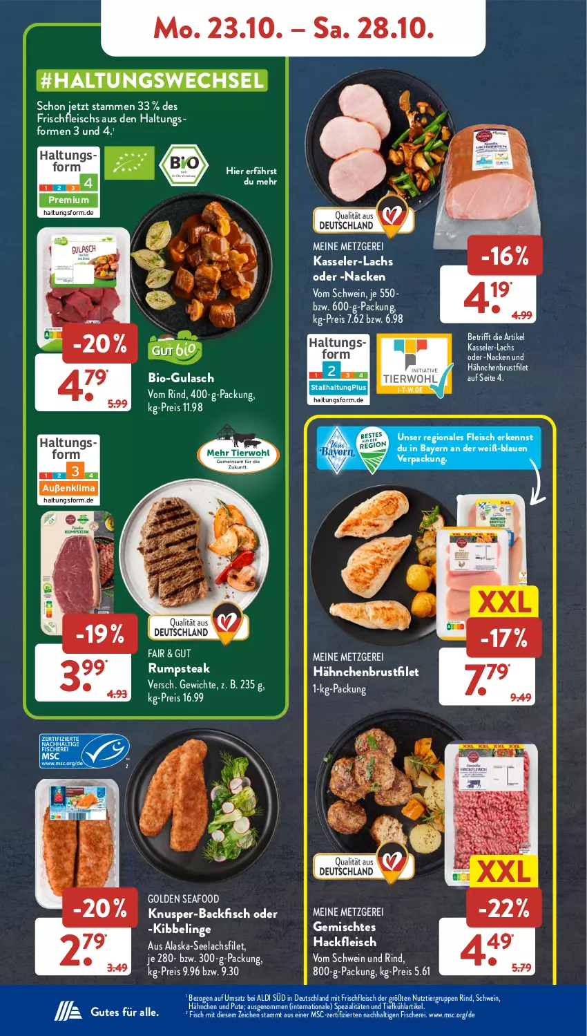 Aktueller Prospekt AldiSud - NÄCHSTE WOCHE - von 23.10 bis 28.10.2023 - strona 6 - produkty: Alaska-Seelachs, Alaska-Seelachsfilet, aldi, backfisch, bio, brustfilet, eis, filet, fisch, fische, Fischer, fleisch, gsw, gulasch, hackfleisch, hähnchenbrust, hähnchenbrustfilet, kasseler, lachs, lachsfilet, pute, reis, rind, rum, rumpsteak, Schere, schwein, schwein und rind, seelachsfilet, Spezi, steak, Ti, vom schwein und rind, wein