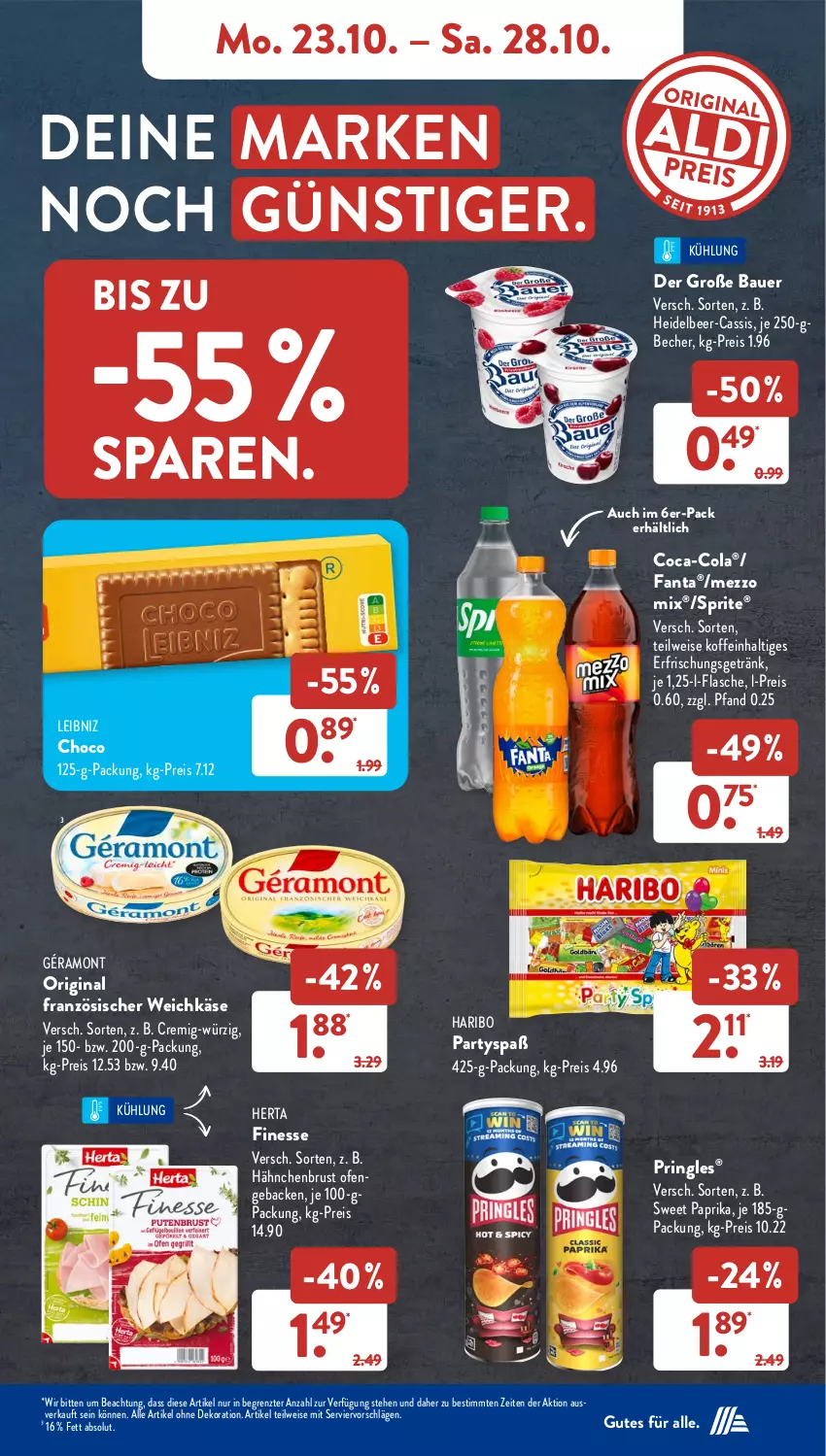 Aktueller Prospekt AldiSud - NÄCHSTE WOCHE - von 23.10 bis 28.10.2023 - strona 7 - produkty: alle artikel ohne dekoration, auer, Bau, Bauer, Becher, cassis, coca-cola, cola, dekoration, eis, erfrischungsgetränk, fanta, finesse, flasche, französischer weichkäse, geback, géramont, getränk, gin, hähnchenbrust, haribo, herta, herta finesse, Käse, leibniz, Mezzo Mix, Ofen, paprika, pringles, reis, ring, sprite, Ti, weichkäse, ZTE