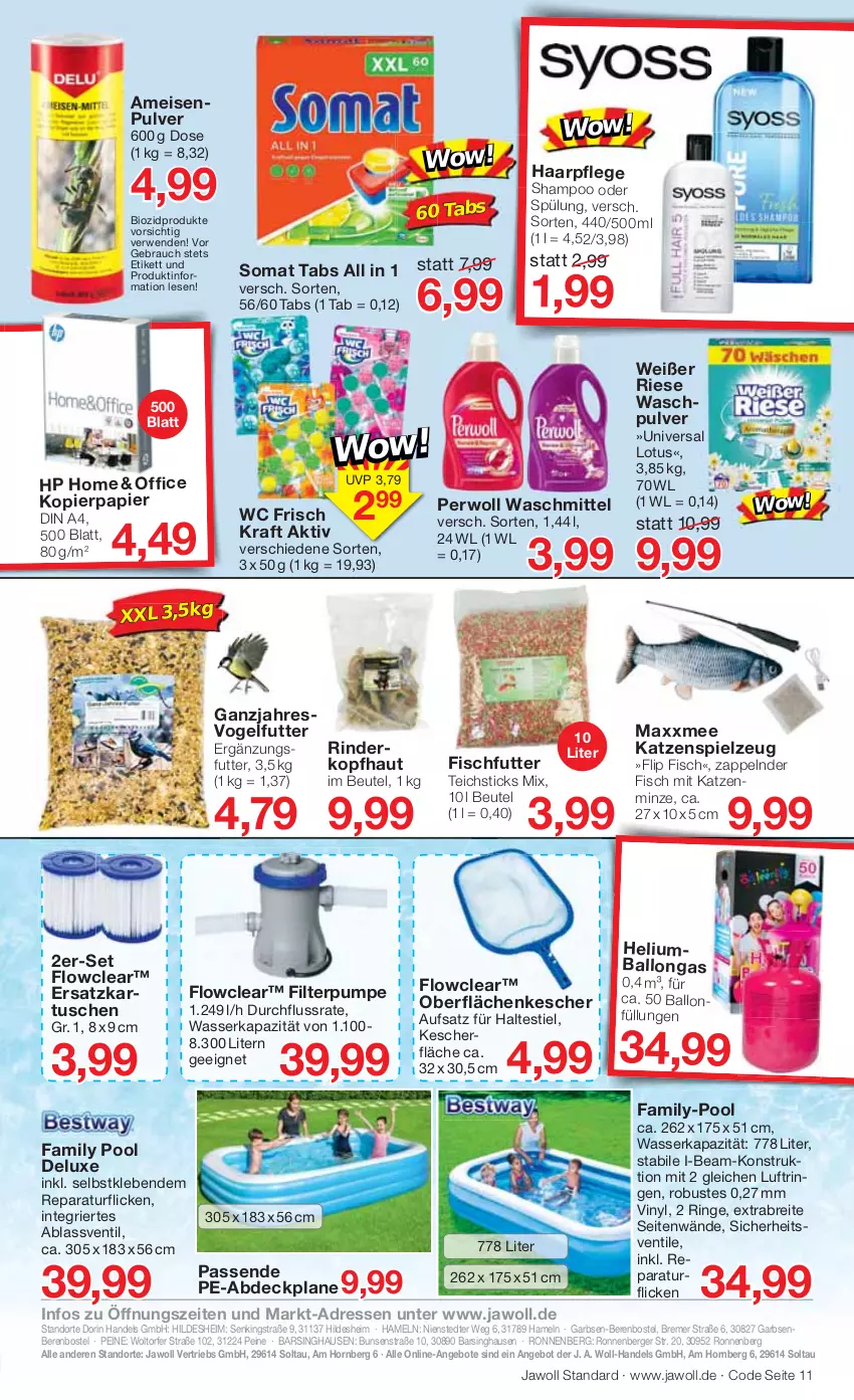 Aktueller Prospekt Jawoll - Prospekte - von 01.05 bis 07.05.2022 - strona 15 - produkty: abdeckplane, angebot, angebote, ball, Berger, beutel, bio, biozidprodukte, Brei, din a4, eis, family pool, fisch, haarpflege, HP, Kescher, kopierpapier, kraft, minze, office, papier, perwoll, pool, Rauch, rind, rinder, ring, shampoo, shampoo oder spülung, somat, spielzeug, spülung, Ti, Vogelfutter, waschmittel, Waschpulver, wasser, wc frisch, WC Frisch Kraft Aktiv