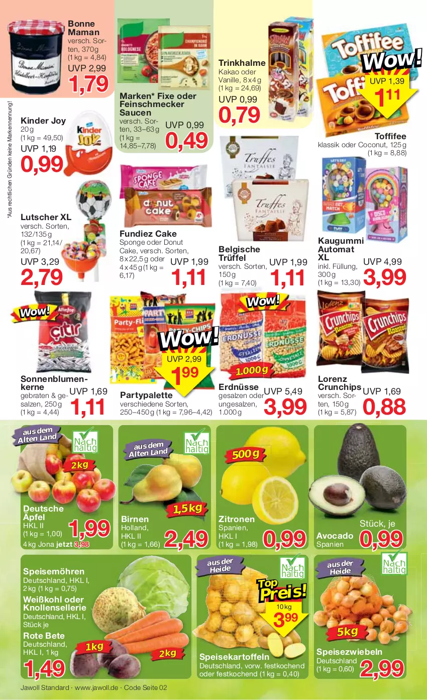 Aktueller Prospekt Jawoll - Prospekte - von 01.05 bis 07.05.2022 - strona 2 - produkty: auto, avocado, Birnen, blume, blumen, bonne maman, braten, chips, coconut, crunchips, Donut, eis, elle, erdnüsse, feinschmecker, kakao, kartoffel, kartoffeln, kaugummi, Kinder, LG, lorenz, lorenz crunchips, Lutscher, mam, möhren, Palette, rote bete, salz, sauce, saucen, sonnenblume, sonnenblumen, Sonnenblumenkerne, speisekartoffeln, speisemöhren, Speisezwiebeln, Ti, toffifee, Trinkhalme, Trüffel, vanille, Weißkohl, zitrone, zitronen, zwiebel, zwiebeln