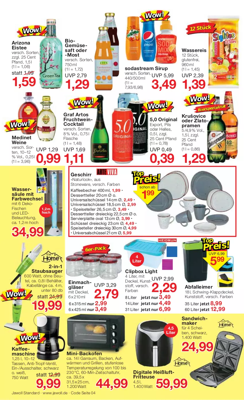 Aktueller Prospekt Jawoll - Prospekte - von 01.05 bis 07.05.2022 - strona 4 - produkty: Abfalleimer, backofen, Becher, Behälter, beleuchtung, beutel, bier, bio, cocktail, decke, Deckel, dessert, Dessertteller, eimer, eis, eistee, elle, fisch, fische, flasche, fritteuse, frucht, garraum, geschirr, gin, Gläser, grill, Heißluftfritteuse, kaffee, kaffeebecher, kaffeemaschine, latte, leimer, mac, medinet, natur, Ofen, pils, reis, saft, sandwich, Schal, schüssel, sirup, Soda, sodastream, Speiseteller, staubsauger, tasse, tee, teller, Ti, uhr, wasser, wassereis, wein, weine