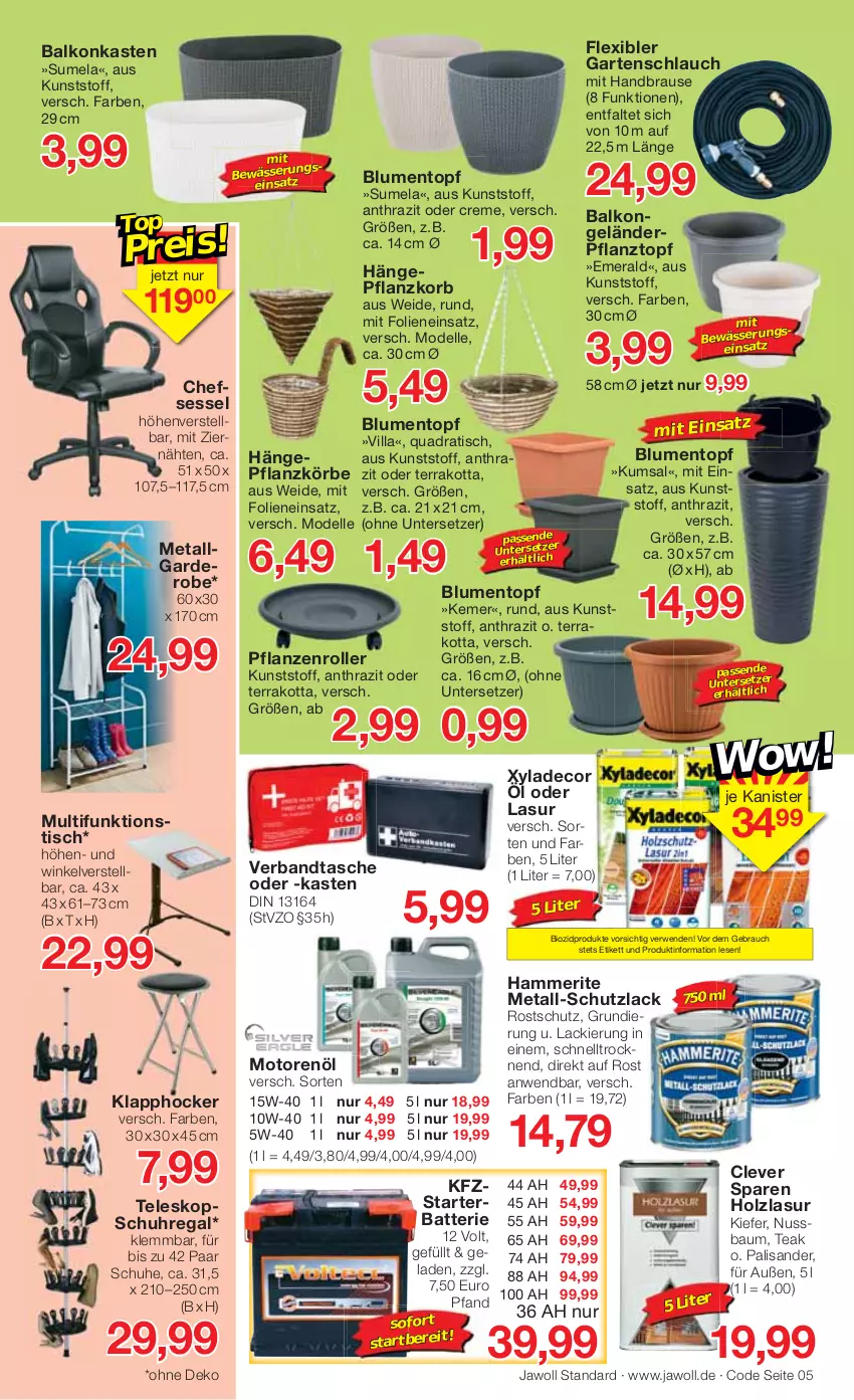 Aktueller Prospekt Jawoll - Prospekte - von 01.05 bis 07.05.2022 - strona 5 - produkty: batterie, Bau, bio, biozidprodukte, blume, blumen, brause, chefsessel, creme, decor, dell, elle, Garderobe, Garten, gartenschlauch, handbrause, hocker, Holz, holzlasur, korb, lack, LG, Mode, motorenöl, nuss, paar schuhe, pflanze, pflanzen, Pflanztopf, quad, Rauch, regal, Roller, rwe, schlauch, schuhe, schuhregal, sessel, Tasche, Teleskop, Ti, tisch, topf, uhr, Untersetzer, ZTE