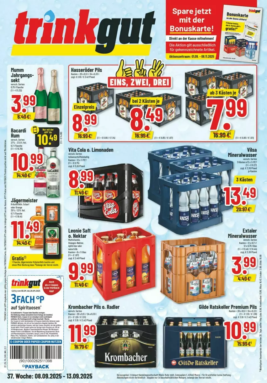 Aktueller Prospekt Trinkgut - Prospekte - von 07.09 bis 13.09.2025 - strona 1 - produkty: Alwa, apfel, cola, eis, elle, Extaler, Germ, hasseröder, HP, jägermeister, krombache, krombacher, krombacher pils, limo, limonade, limonaden, Meister, mineralwasser, mumm, Nektar, orange, orangen, payback, pils, premium pils, radler, reis, saft, sekt, spirituosen, Ti, vilsa, vita, Vita C, wasser, ZTE