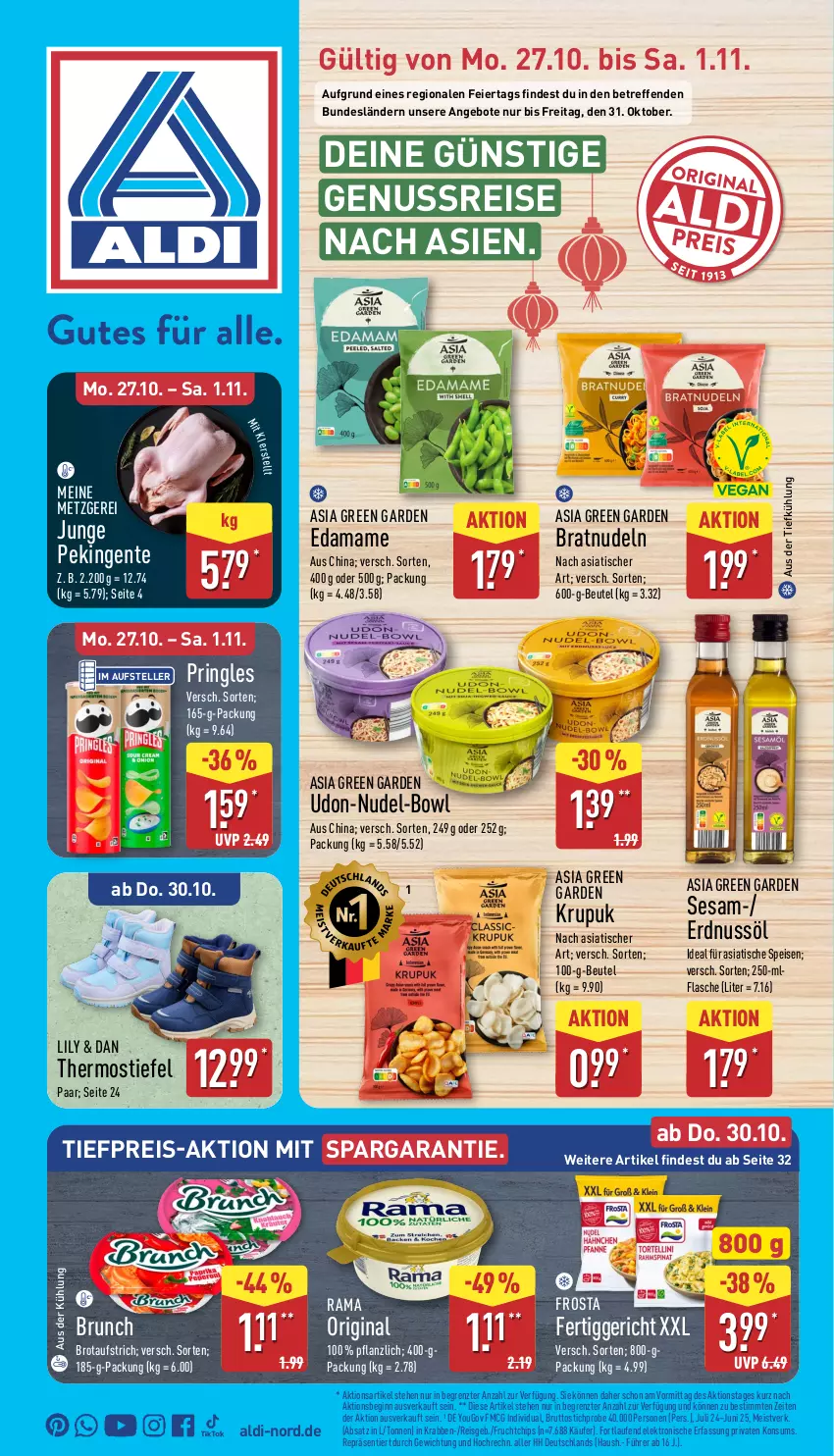 Aktueller Prospekt Aldi Nord - Von Montag - von 27.10 bis 01.11.2025 - strona 1 - produkty: aldi, angebot, angebote, Asia Green Garden, aufstrich, aus der tiefkühlung, beutel, brot, brotaufstrich, brut, chips, eier, eis, Elektro, elle, ente, erdnuss, flasche, frosta, frucht, gin, HP, Laufen, mam, nudel, nudeln, nuss, pringles, rama, reis, ring, sesam, teller, Ti, tiefpreis, tisch, Yo, ZTE