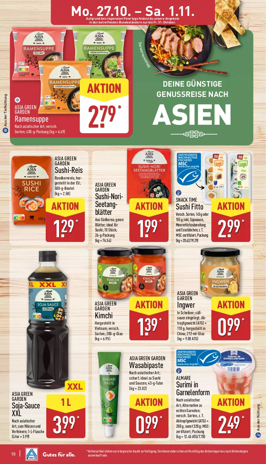 Aktueller Prospekt Aldi Nord - Von Montag - von 27.10 bis 01.11.2025 - strona 10 - produkty: almare, angebot, angebote, Asia Green Garden, auer, aus der tiefkühlung, beutel, eier, eis, flasche, garnelen, gin, ingwer, korn, meerrettich, ndk, nuss, reis, Rettich, sauce, saucen, snack, snack time, soja, sojasauce, suppe, Sushi, Ti, tisch, wasa, ZTE