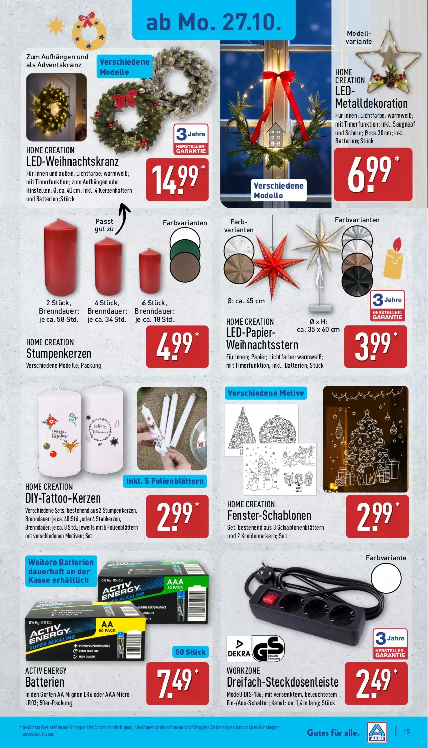 Aktueller Prospekt Aldi Nord - Von Montag - von 27.10 bis 01.11.2025 - strona 15 - produkty: Adventskranz, auer, batterie, batterien, dekoration, dell, eis, elle, fenster, gin, kerze, Kerzenhalter, Kranz, Kreide, Kreidemarker, Leuchte, Mode, papier, Ria, Schal, steckdose, Steckdosenleiste, Ti, timer, ZTE