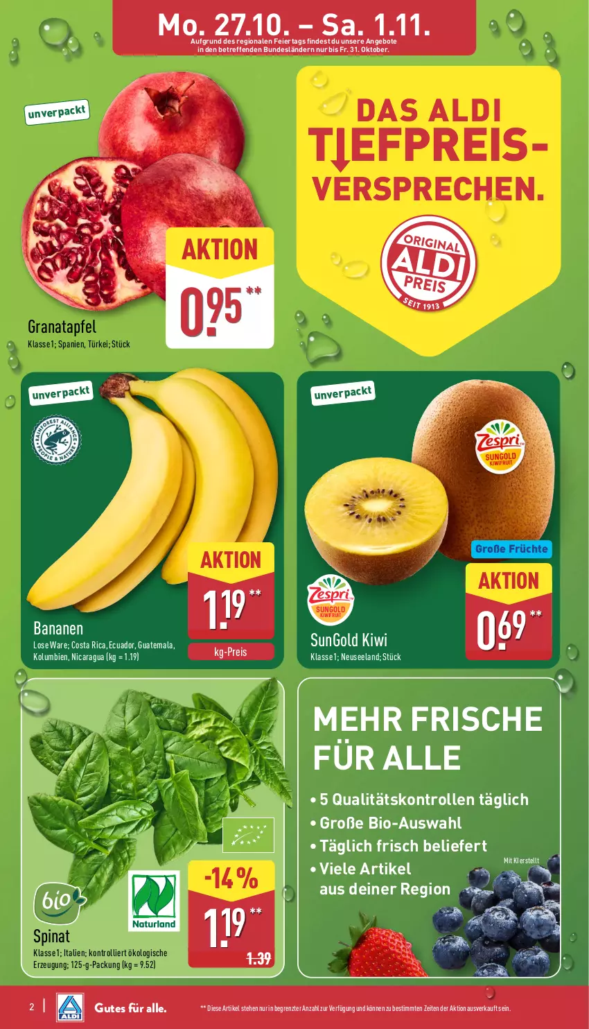 Aktueller Prospekt Aldi Nord - Von Montag - von 27.10 bis 01.11.2025 - strona 2 - produkty: aldi, angebot, angebote, apfel, banane, bananen, bio, eier, eis, Elan, früchte, grana, granatapfel, kiwi, kiwifruit, Rana, reis, spinat, Ti, trolli, ZTE
