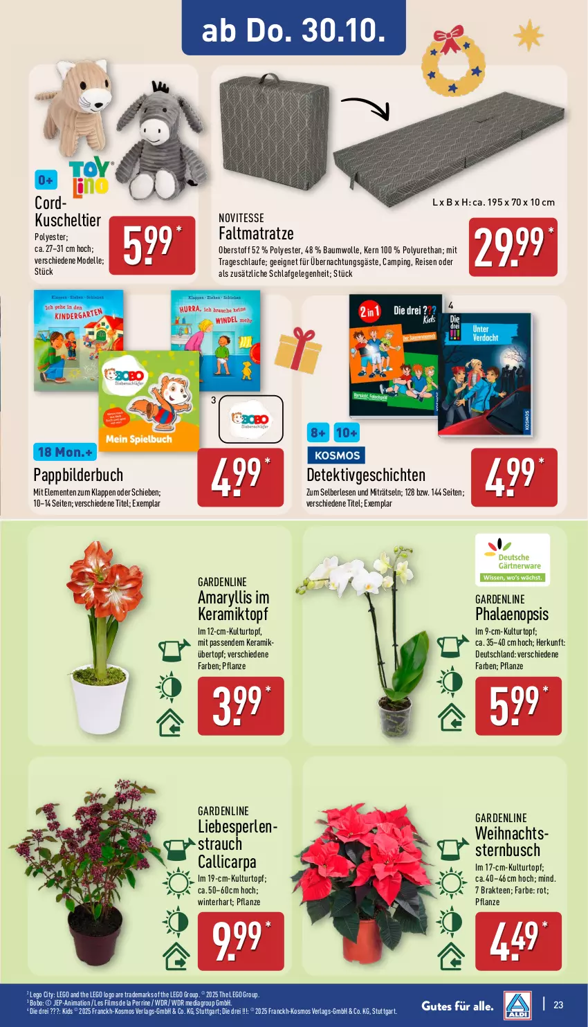 Aktueller Prospekt Aldi Nord - Von Montag - von 27.10 bis 01.11.2025 - strona 23 - produkty: Bau, baumwolle, Blüte, Brei, buch, dell, eis, elle, ente, Faltmatratze, kulturtopf, LEGO City, matratze, Mode, perlen, pflanze, phalaenopsis, Rauch, reis, tee, Ti, topf, übertopf, Weihnachtsstern, wolle