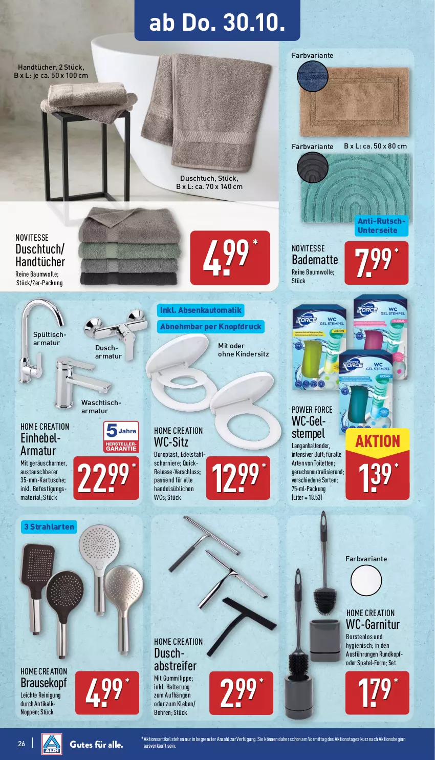 Aktueller Prospekt Aldi Nord - Von Montag - von 27.10 bis 01.11.2025 - strona 26 - produkty: armatur, aust, auto, Bad, badematte, Bau, baumwolle, brause, duschtuch, edelstahl, garnitur, gin, handtücher, Kinder, Kindersitz, ndk, passend für alle, reine baumwolle, Reinigung, rel, Ria, tender, Ti, tisch, tuc, tücher, waschtisch, wc-garnitur, wc-gel, wc-sitz, wolle, ZTE