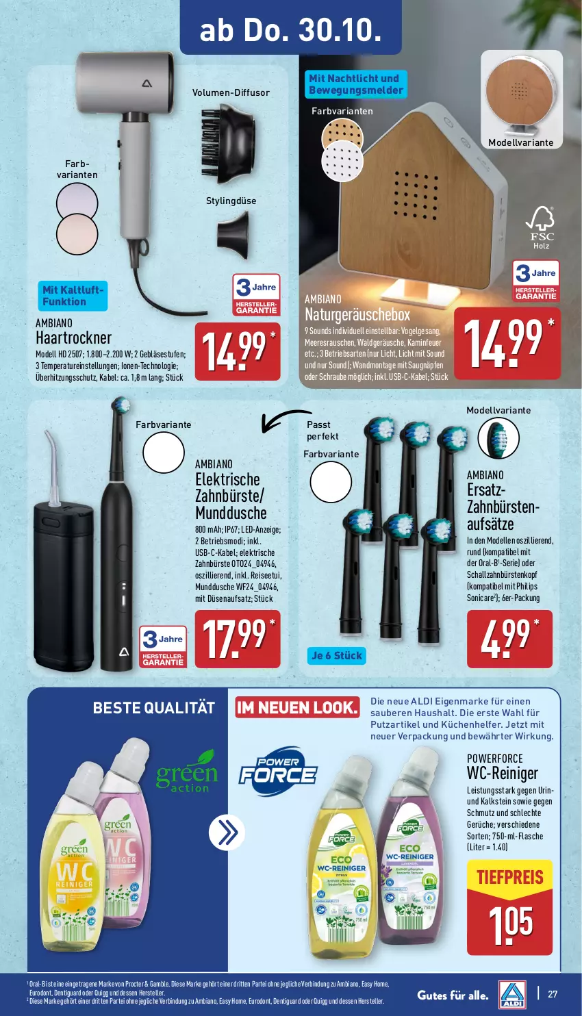 Aktueller Prospekt Aldi Nord - Von Montag - von 27.10 bis 01.11.2025 - strona 27 - produkty: aldi, ambia, bürste, bürsten, dell, dusche, eis, elektrische zahnbürste, elle, flasche, haartrockner, Holz, Kamin, küche, Küchen, Küchenhelfer, LG, Mode, Nachtlicht, natur, oral-b, Philips, quigg, reiniger, reis, Ria, Schal, schallzahnbürste, sonicare, teller, Ti, tiefpreis, Trockner, überhitzungsschutz, usb, wc-reiniger, zahnbürste, zahnbürsten