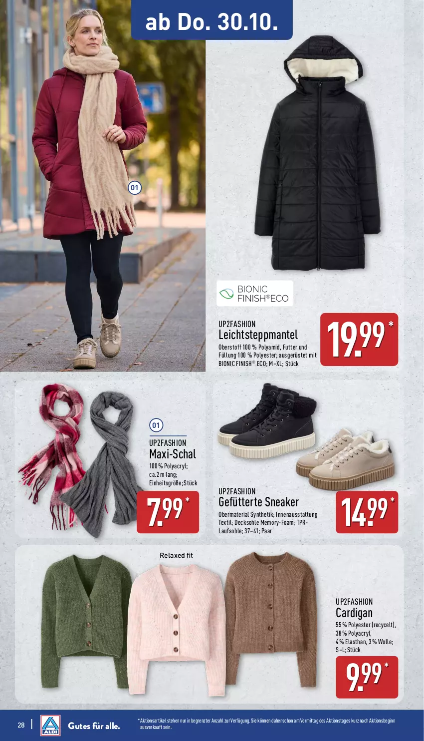 Aktueller Prospekt Aldi Nord - Von Montag - von 27.10 bis 01.11.2025 - strona 28 - produkty: axe, bio, Cardigan, decksohle, Finish, gin, Mantel, obermaterial synthetik, rel, Ria, Schal, sneaker, Steppmante, Ti, up2fashion, wolle, ZTE