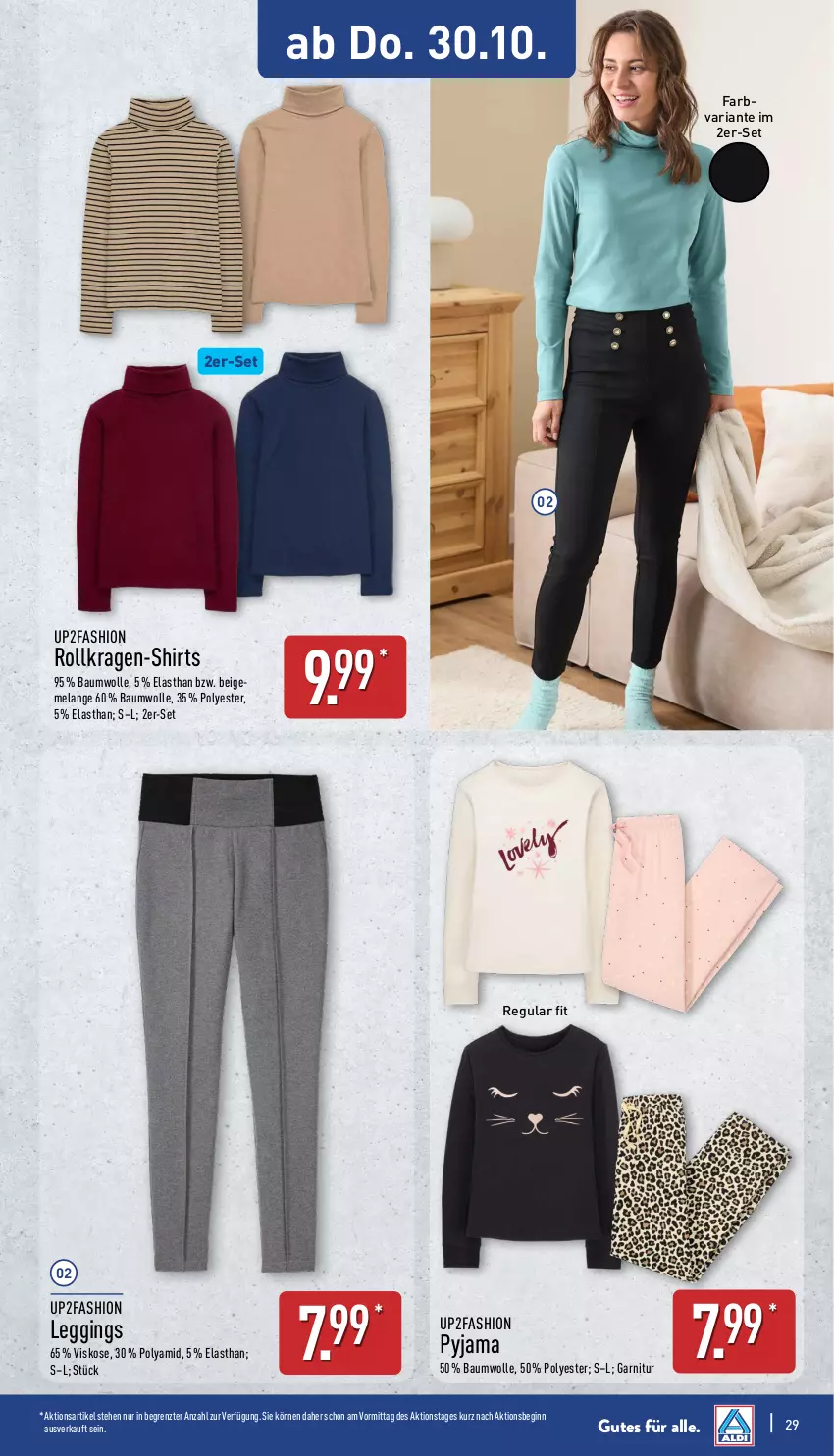 Aktueller Prospekt Aldi Nord - Von Montag - von 27.10 bis 01.11.2025 - strona 29 - produkty: Bau, baumwolle, Elan, garnitur, gin, leggings, Pyjama, Ria, shirt, shirts, Ti, up2fashion, wolle, ZTE