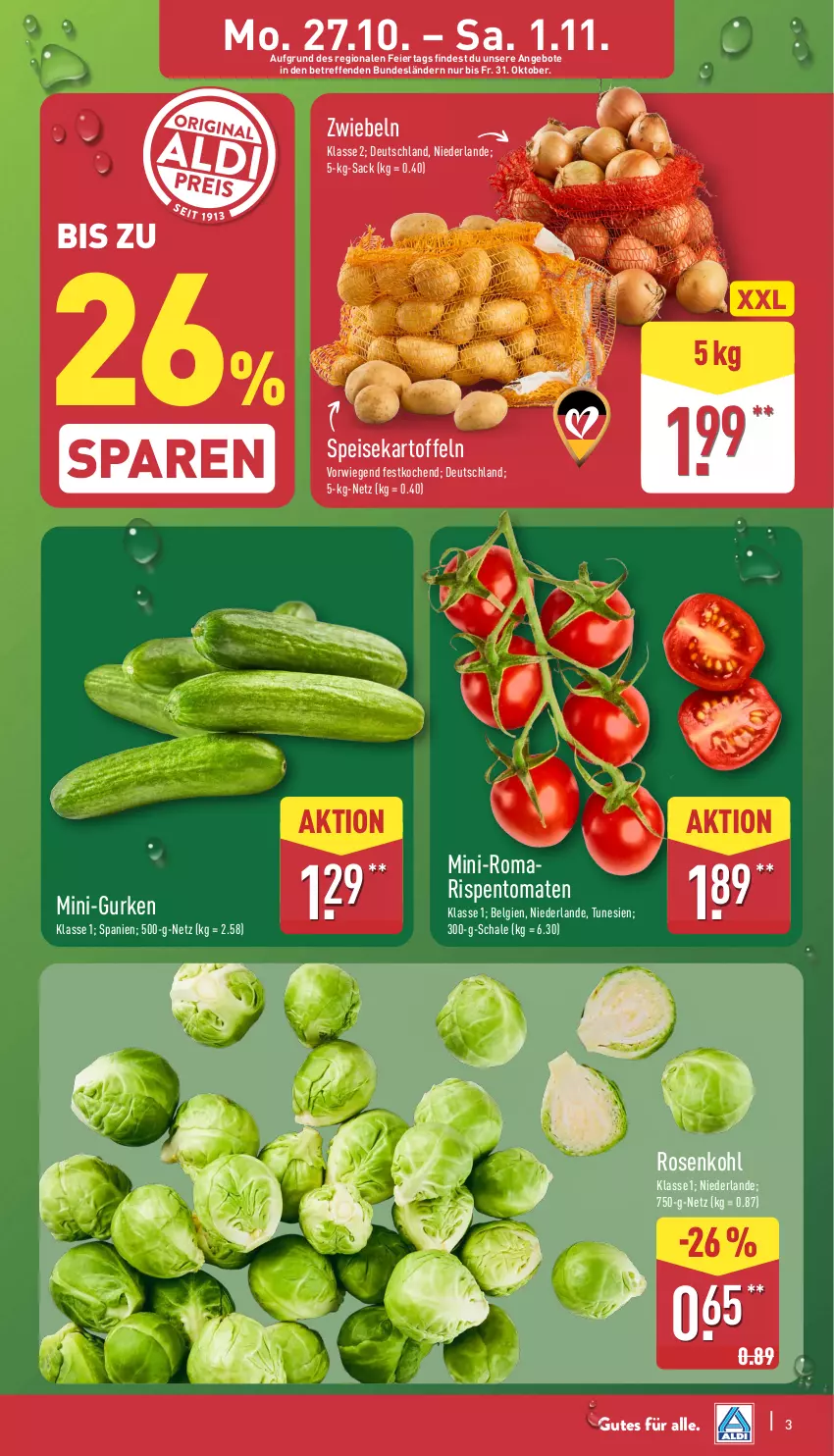 Aktueller Prospekt Aldi Nord - Von Montag - von 27.10 bis 01.11.2025 - strona 3 - produkty: angebot, angebote, eier, eis, gurke, gurken, kartoffel, kartoffeln, LG, mini-gurken, rispentomaten, rosen, Rosenkohl, sac, Schal, Schale, speisekartoffeln, Ti, tomate, tomaten, zwiebel, zwiebeln