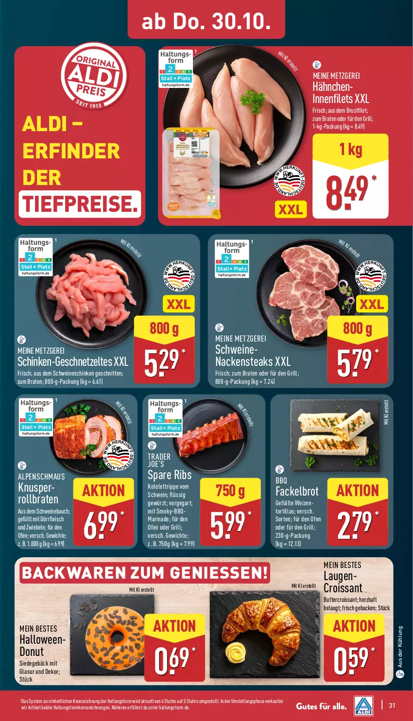 Aktueller Prospekt Aldi Nord - Von Montag - von 27.10 bis 01.11.2025 - strona 31 - produkty: aldi, backwaren, Bau, bio, braten, brot, brustfilet, butter, Croissant, Donut, eis, filet, filets, fleisch, geback, geschnetzeltes, gewürz, grill, kotelett, Laugencroissant, marinade, Maus, Nackensteak, nackensteaks, Ofen, reis, rollbraten, schinken, schnitten, schwein, schweine, schweinenacken, spare ribs, steak, steaks, Ti, tiefpreis, tortilla, tortillas, wein, weine, Zelt, zwiebel, zwiebeln
