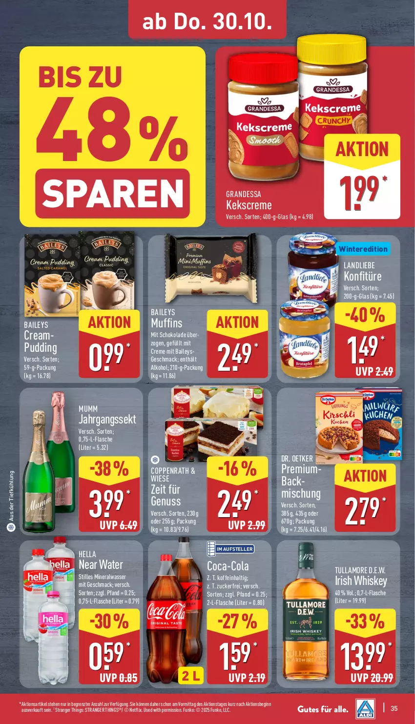 Aktueller Prospekt Aldi Nord - Von Montag - von 27.10 bis 01.11.2025 - strona 35 - produkty: alkohol, Alwa, aus der tiefkühlung, baileys, coca-cola, cola, coppenrath, creme, Dr. Oetker, elle, flasche, gin, grandessa, hella, irish whiskey, jahrgangssekt, keks, konfitüre, landliebe, mac, mineralwasser, Muffin, muffins, mumm, netflix, nuss, pudding, schoko, schokolade, sekt, teller, Ti, tullamore, wasser, whiskey, ZTE, zucker