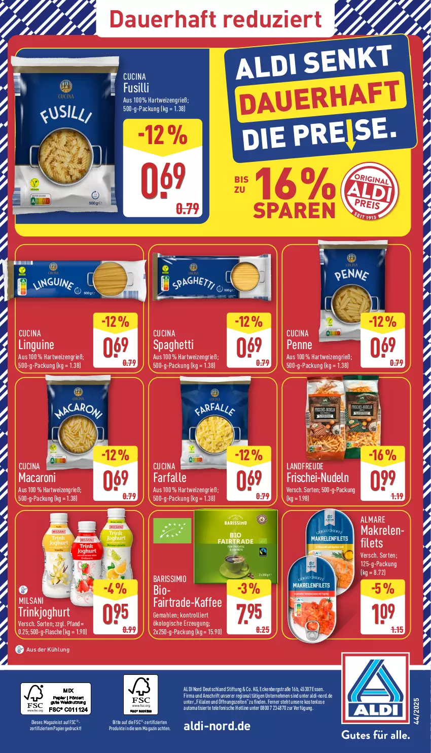 Aktueller Prospekt Aldi Nord - Von Montag - von 27.10 bis 01.11.2025 - strona 36 - produkty: aldi, almare, auer, auto, bio, cin, farfalle, filet, filets, flasche, fusilli, hartweizen, joghur, joghurt, kaffee, mac, magazin, Makrele, nudel, nudeln, papier, penne, rel, sim, spaghetti, telefon, Ti, trolli