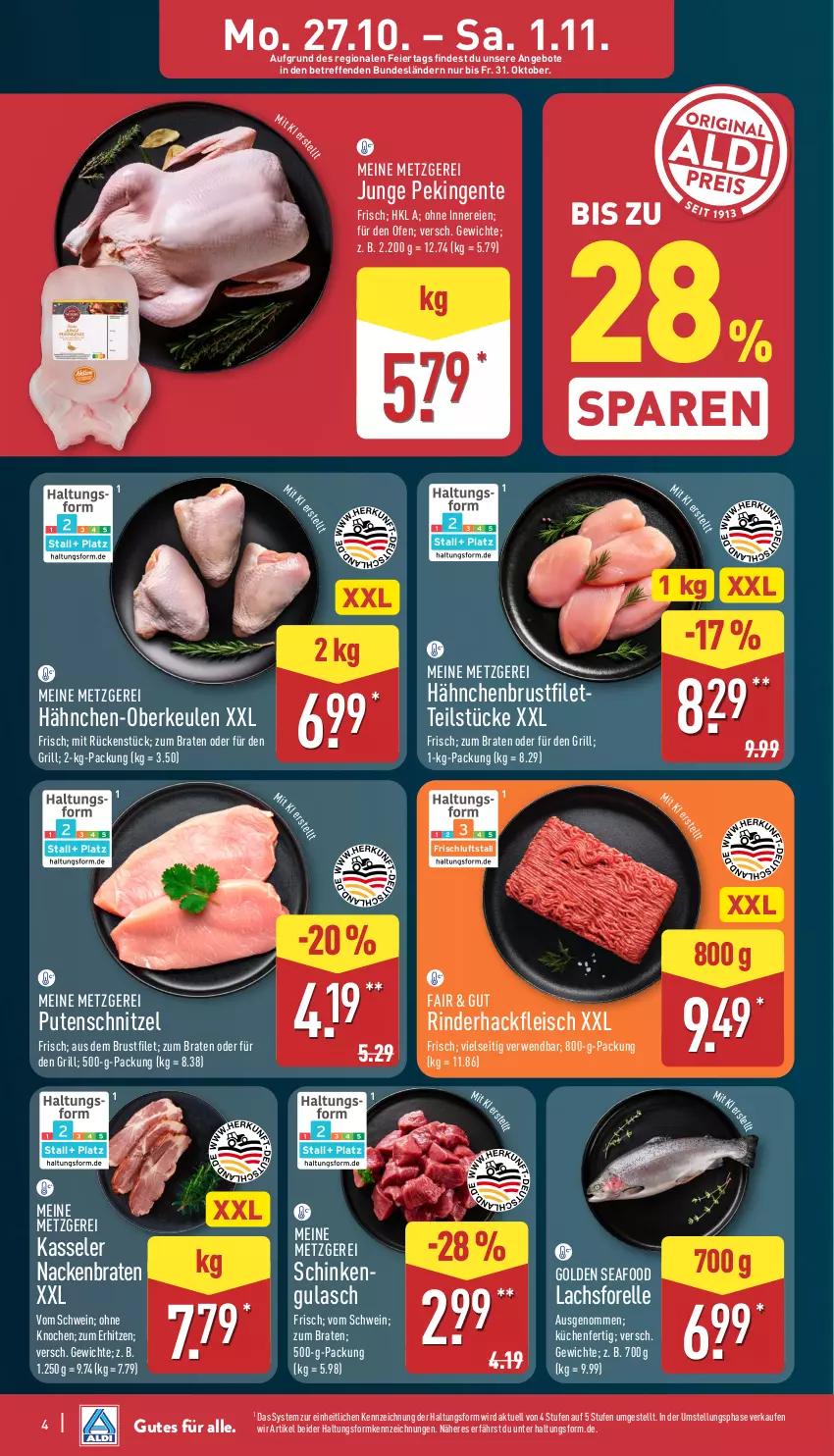 Aktueller Prospekt Aldi Nord - Von Montag - von 27.10 bis 01.11.2025 - strona 4 - produkty: angebot, angebote, bio, braten, brustfilet, eier, eis, elle, ente, filet, fleisch, forelle, grill, gulasch, hackfleisch, Hähnchen-Oberkeulen, kasseler, küche, Küchen, lachs, Ofen, pute, putenschnitzel, rel, rind, rinder, rinderhackfleisch, rwe, schinken, schnitzel, schwein, Ti, wein