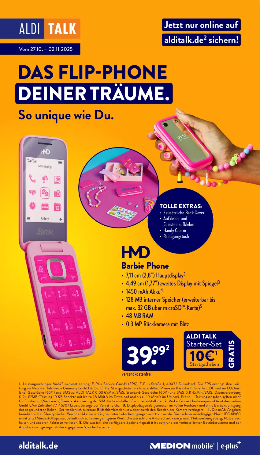 Aktueller Prospekt Aldi Nord - Von Montag - von 27.10 bis 01.11.2025 - strona 40 - produkty: akku, aldi, aldi talk, Aufkleber, Barbie, Betriebssystem, eis, Germ, Handy, hardware, kamera, kleber, medion, microsd, ndk, Reinigung, reis, ring, rwe, sim, spiegel, Ti, tuc, versandkostenfrei