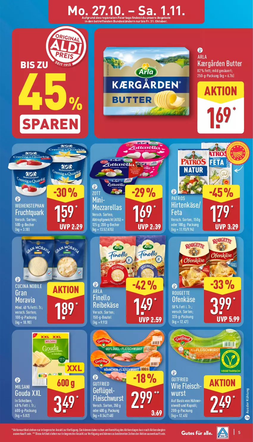 Aktueller Prospekt Aldi Nord - Von Montag - von 27.10 bis 01.11.2025 - strona 5 - produkty: angebot, angebote, arla, Becher, beutel, butter, cin, eier, eis, feta, finello, fleisch, fleischwurst, frucht, Fruchtquark, Geflügel, gin, gouda, gutfried, hirtenkäse, hühner, Kærgården, Käse, mozzarella, Ofen, Ofenkäse, patros, quark, rapsöl, Reibekäse, rel, rouge, rougette, Ti, weihenstephan, wurst, zott, ZTE