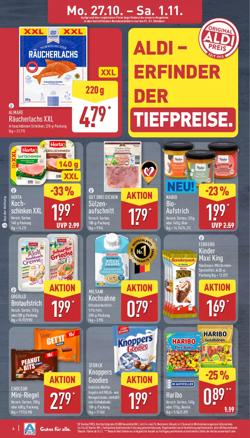 Aktueller Prospekt Aldi Nord - Von Montag - von 27.10 bis 01.11.2025 - strona 6 - produkty: aldi, almare, angebot, angebote, aufschnitt, aufstrich, beutel, bio, brot, brotaufstrich, brut, creme, eier, eis, Elektro, elle, ferrero, haribo, haselnuss, herta, HP, Kinder, Kinder Maxi, kinder maxi king, knoppers, Kugel, lachs, Laufen, milch, nuss, Räucherlachs, reis, riegel, sahne, schinken, schoko, schokolade, Spezi, storck, teller, Ti, tiefpreis, Yo, ZTE