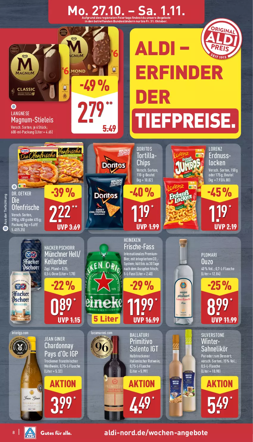 Aktueller Prospekt Aldi Nord - Von Montag - von 27.10 bis 01.11.2025 - strona 8 - produkty: aldi, amaro, angebot, angebote, aus der tiefkühlung, ball, beutel, bier, chardonnay, chips, dessert, Doritos, Dr. Oetker, eier, eis, elle, erdnuss, flasche, gin, hacker pschorr, heineken, kellerbier, langnese, likör, lorenz, magnum, nuss, Ofen, ouzo, Premiumbier, primitivo, reis, rotwein, sahne, stieleis, Ti, tiefpreis, tortilla, wein, Weißwein