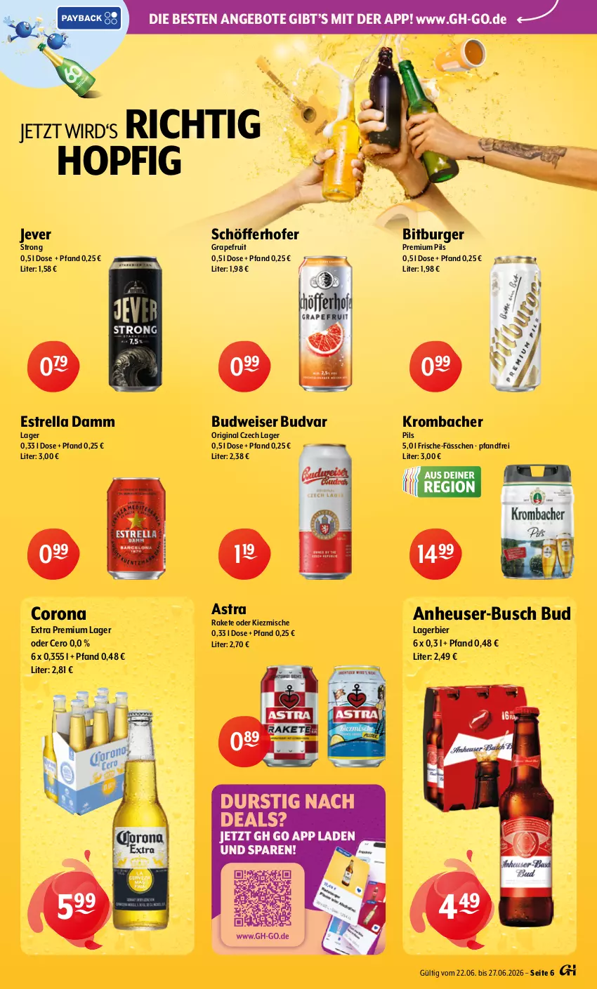 Aktueller Prospekt Getraenke Hoffmann - Prospekte - von 22.06 bis 27.06.2026 - strona 6 - produkty: angebot, angebote, Astra, bier, bitburger, budweiser, burger, corona, corona extra, eis, Estrella Damm, gin, grapefruit, Heu, jever, krombache, krombacher, krombacher pils, Lagerbier, pils, premium pils, rel, schöfferhofer, Ti