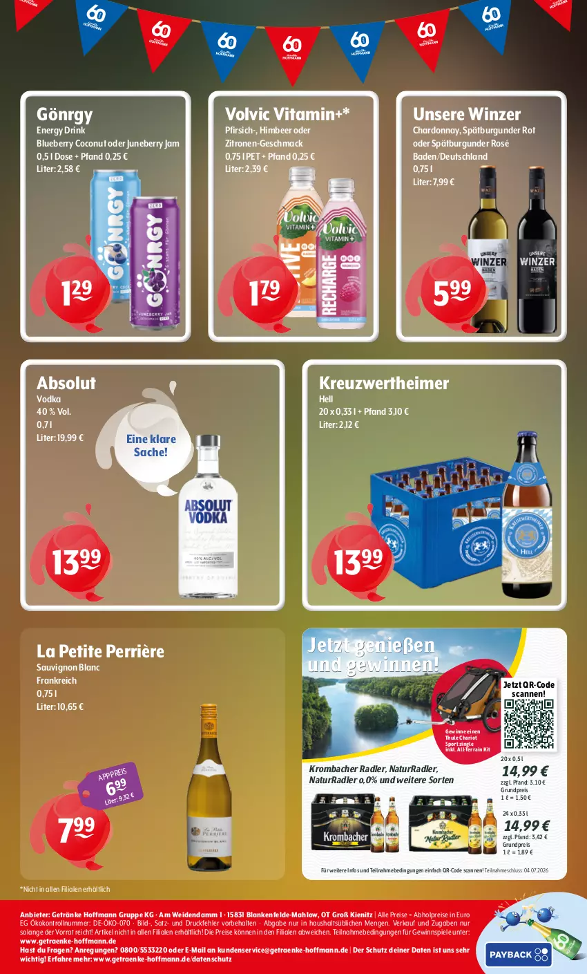 Aktueller Prospekt Getraenke Hoffmann - Prospekte - von 22.06 bis 27.06.2026 - strona 8 - produkty: abholpreise, Bad, blueberry, burgunder, chardonnay, coconut, drink, eimer, eis, energy drink, getränk, getränke, gewinnspiel, himbeer, krombache, krombacher, mac, natur, pfirsich, radler, reis, sac, sauvignon, sauvignon blanc, spätburgunder, Spiele, Sport, Thule, Ti, vita, vodka, volvic, zitrone, zitronen