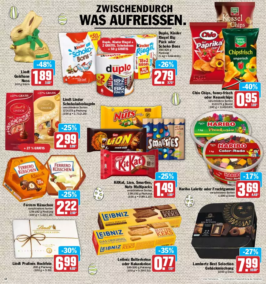 Aktueller Prospekt Hit - Prospekte - von 11.04 bis 16.04.2022 - strona 12 - produkty: Amber, beutel, butter, butterkeks, chio chips, chips, duplo, eis, elle, ferrero, Ferrero Küsschen, frucht, fruchtgummi, funny-frisch, gebäckmischung, haribo, kakao, keks, kekse, Kinder, kinder riegel, kitkat, Kugel, Lakritz, lambertz, leibniz, lindor, lindt, lion, nuss, reis, reiss, riegel, schoko, schokolade, schokoladen, smarties, teller, Ti