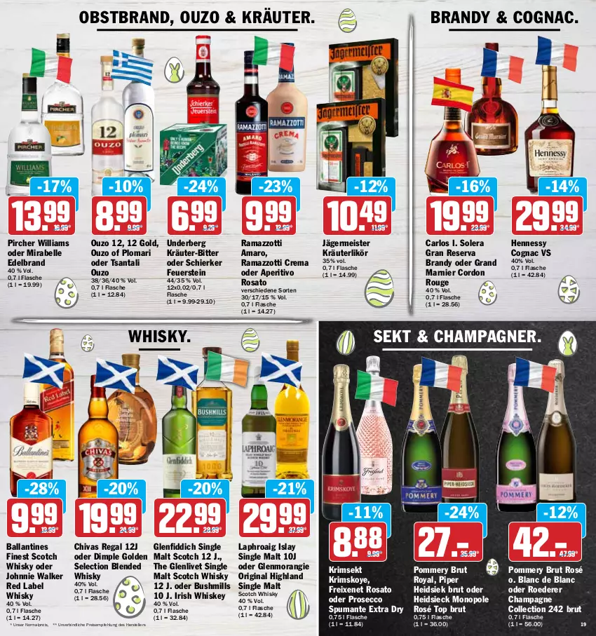 Aktueller Prospekt Hit - Prospekte - von 11.04 bis 16.04.2022 - strona 19 - produkty: amaro, aperitivo rosato, arlo, ball, brut, champagne, champagner, Cognac, ecco, eis, elle, flasche, freixenet, Germ, gin, irish whiskey, islay single malt, jägermeister, johnnie walker, kräuter, kräuterlikör, laphroaig, likör, Meister, obst, Obstbrand, ouzo, ouzo 12, pircher, prosecco, puma, rama, ramazzott, ramazzotti, regal, reis, rosato, rouge, scotch, scotch whisky, sekt, single malt, spumante, teller, Ti, underberg, whiskey, whisky, zott