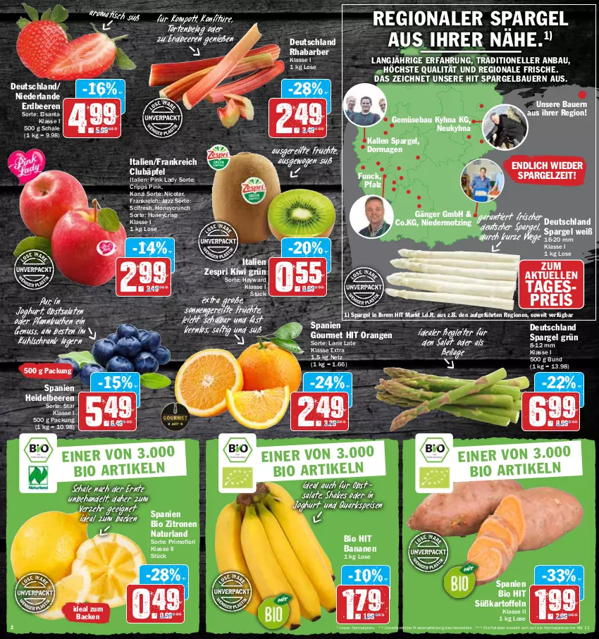 Aktueller Prospekt Hit - Prospekte - von 11.04 bis 16.04.2022 - strona 2 - produkty: auer, banane, bananen, Bau, Bauer, beere, beeren, bio, bio hit, Cif, deutscher spargel, eis, elle, erdbeere, erdbeeren, früchte, heidelbeere, heidelbeeren, ilag, joghur, joghurt, kartoffel, kartoffeln, kiwi, konfitüre, kuchen, kühlschrank, natur, naturland, nuss, obst, orange, orangen, Pfannkuchen, Pink Lady, quark, reis, rel, rhabarber, saft, salat, salate, Schal, Schale, Schrank, shake, spargel, spargel grün, Süßkartoffeln, teller, Ti, tisch, torte, zespri, zitrone, zitronen