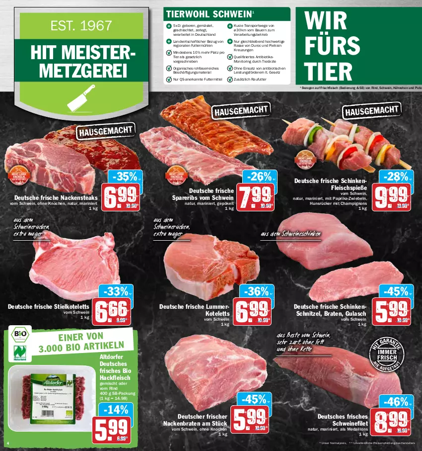 Aktueller Prospekt Hit - Prospekte - von 11.04 bis 16.04.2022 - strona 4 - produkty: auer, bio, braten, champignon, champignons, eis, elle, filet, fleisch, Fleischspieße, gulasch, hackfleisch, Kette, kotelett, medaillons, Meister, mit paprika, monitor, Nackensteak, nackensteaks, natur, paprika, pute, reis, Ria, rind, ring, schinken, schinkenschnitzel, schnitzel, schwein, schweine, schweinefilet, schweinerücken, spareribs, Sport, steak, steaks, teller, Ti, tisch, wein, weine, ZTE, zwiebel, zwiebeln