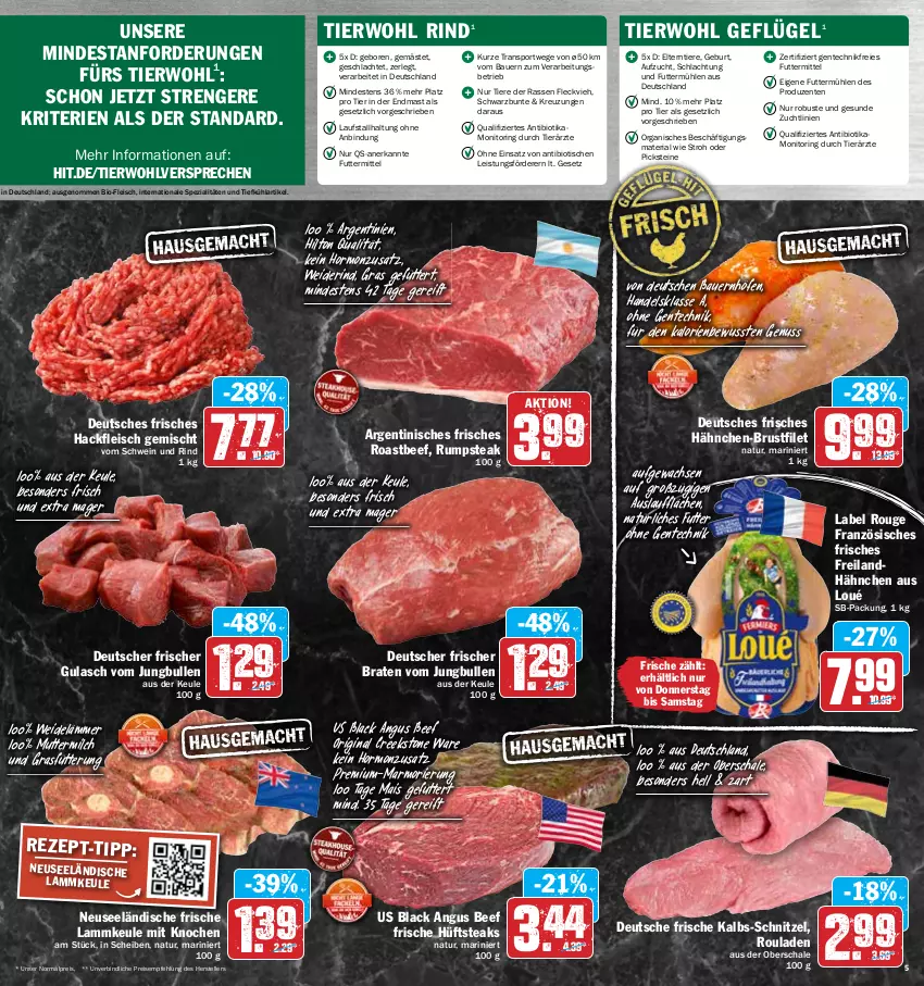 Aktueller Prospekt Hit - Prospekte - von 11.04 bis 16.04.2022 - strona 5 - produkty: auer, Bau, Bauer, beef, bio, braten, brustfilet, eis, elle, ente, filet, fleisch, Geflügel, gin, gulasch, hackfleisch, hackfleisch gemischt, hähnchen-brustfilet, hüftsteak, hüftsteaks, jungbullen, lack, lamm, lammkeule, mais, milch, monitor, natur, nuss, reis, Ria, rind, ring, roastbeef, rouge, rouladen, rum, rumpsteak, Schal, Schale, schnitzel, schwein, schwein und rind, Spezi, Sport, steak, steaks, teller, Ti, Tiere, tisch, vom schwein und rind, wein, ZTE