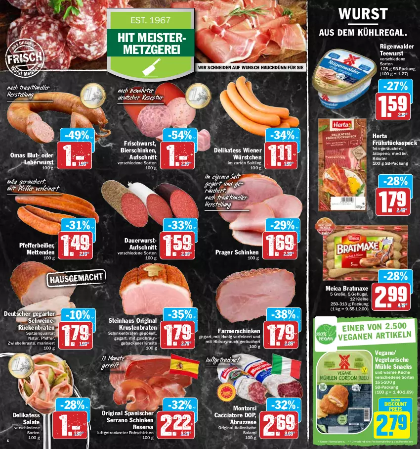 Aktueller Prospekt Hit - Prospekte - von 11.04 bis 16.04.2022 - strona 6 - produkty: ACC, auer, aufschnitt, aus dem kühlregal, axe, bier, bierschinken, braten, bratmaxe, braun, discount, eis, elle, farmerschinken, Frühstücksspeck, geback, Geflügel, gin, herta, honig, im zarten saitling, kräuter, krustenbraten, küche, kühlregal, leberwurst, leine, meica, Meister, Mett, metten, Mettenden, montorsi, natur, pfeffer, Pfefferbeißer, Rauch, regal, reis, rezept, rohschinken, Rückenbraten, rügenwalder, saft, salami, salat, salate, schinken, schinkenbraten, schwein, schweine, schweinerücken, serrano, serrano schinken, snack, snacks, Speck, spitzenqualität, steinhaus, tee, teewurst, teller, Ti, Vegeta, wein, weine, wiener, wiener würstchen, wurst, würstchen, zwiebel