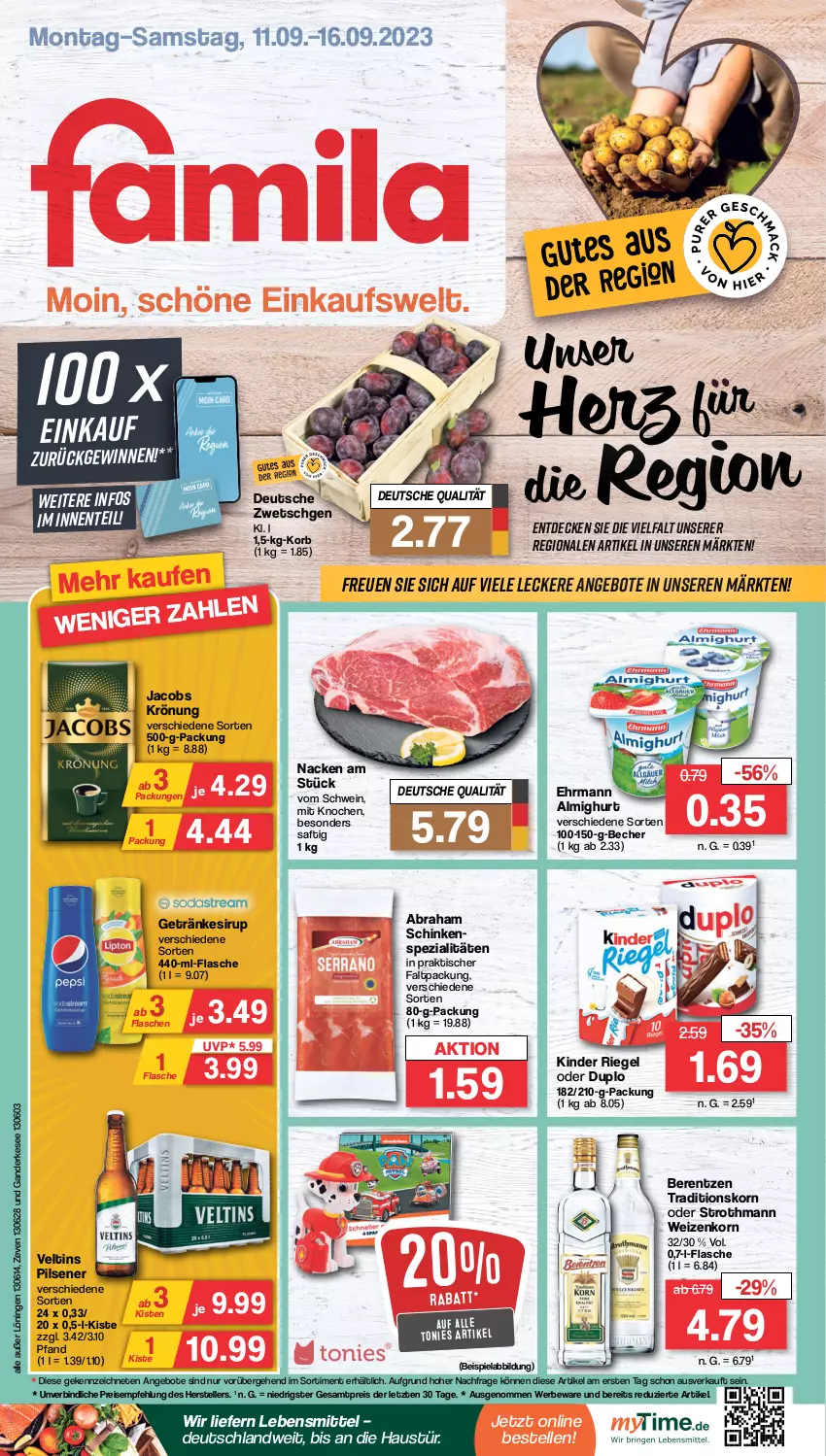 Aktueller Prospekt Famila - Prospekte - von 11.09 bis 16.09.2023 - strona 1 - produkty: almighur, almighurt, angebot, angebote, aust, Becher, beispielabbildung, berentzen, decke, duplo, ehrmann, ehrmann almighurt, eis, elle, ente, flasche, getränk, getränke, getränkesirup, jacobs, jacobs krönung, Kinder, kinder riegel, korb, korn, lebensmittel, pils, pilsener, reis, riegel, saft, schinken, schwein, sirup, Spezi, teller, Ti, tisch, veltins, veltins pilsener, wein, weizenkorn, ZTE